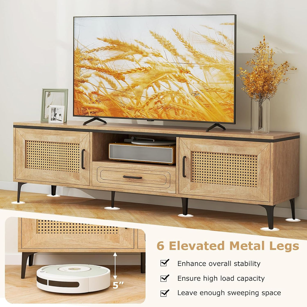 Tangkula Boho TV Stand for 65 Inch TVs, Mid Century Modern Media Entertainment Center with Drawer, 2 Cabinets with Rattan Doors, Metal Legs, Cable Hole, TV Console Table for Living Room (Oak)
