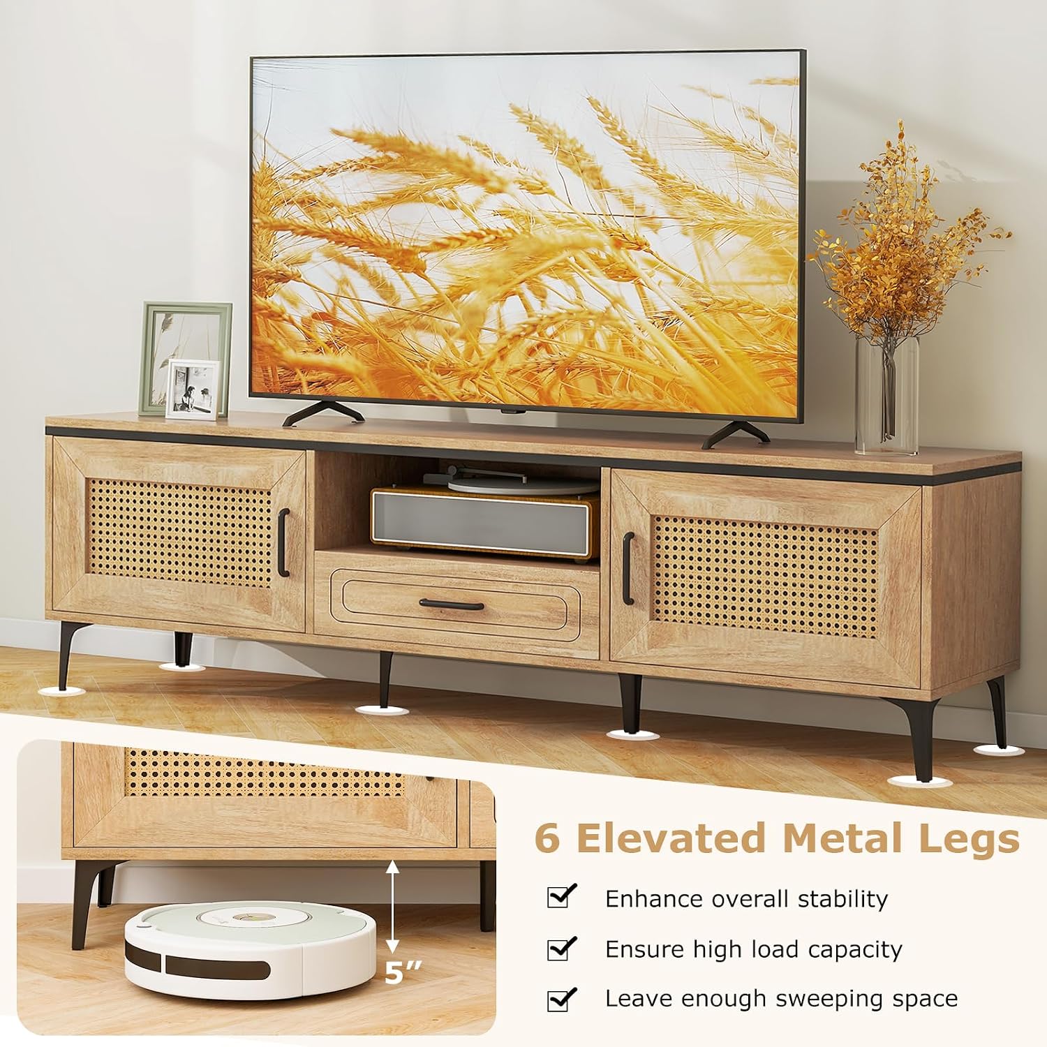 Tangkula Boho TV Stand for 65 Inch TVs, Mid Century Modern Media Entertainment Center with Drawer, 2 Cabinets with Rattan Doors, Metal Legs, Cable Hole, TV Console Table for Living Room (Oak)
