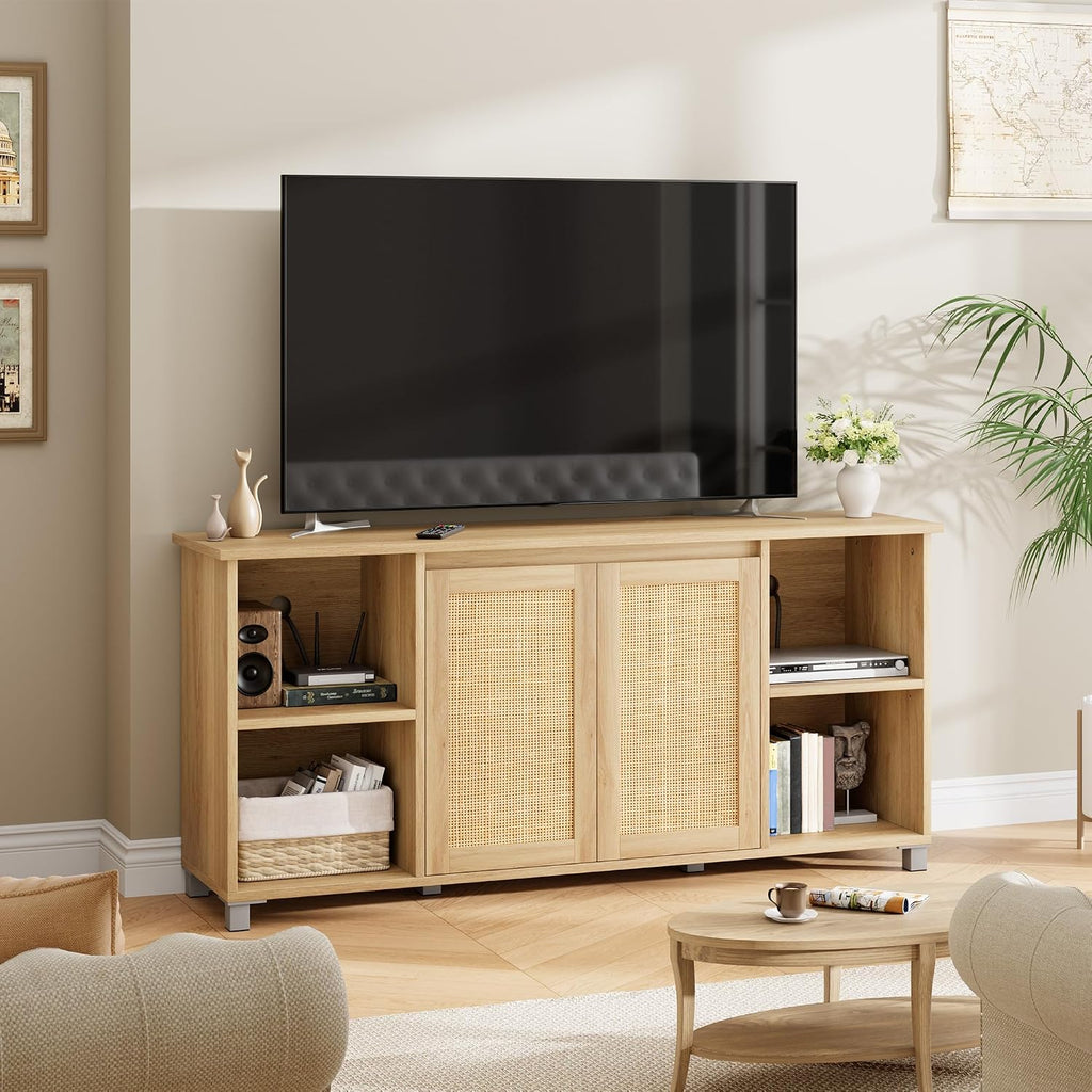 GarveeHome 70 Inch TV Stand, Mid-Century Modern Entertainment Center with Rattan Cabinet Doors, Media Console with Open Shelves, TV Stands for Living Room - Natural