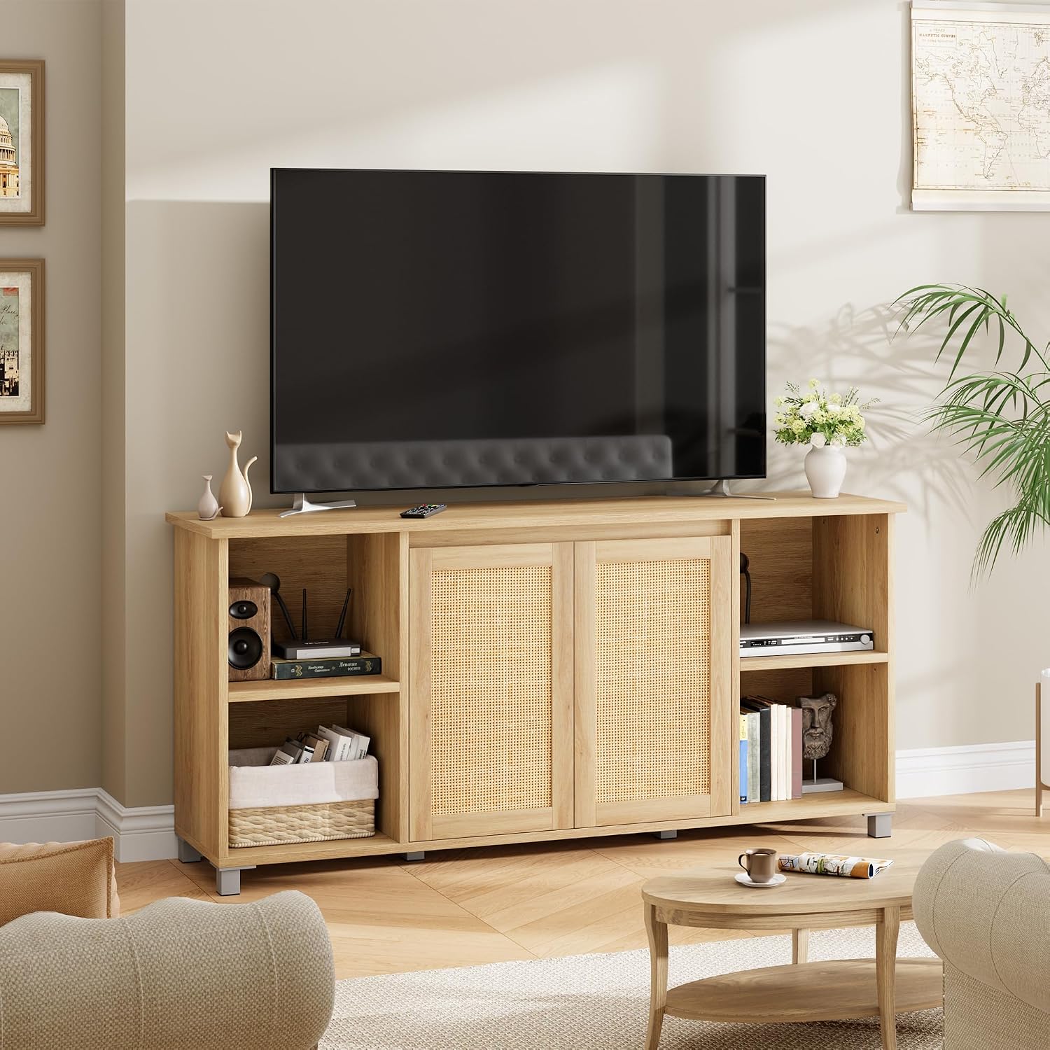 GarveeHome 70 Inch TV Stand, Mid-Century Modern Entertainment Center with Rattan Cabinet Doors, Media Console with Open Shelves, TV Stands for Living Room - Natural