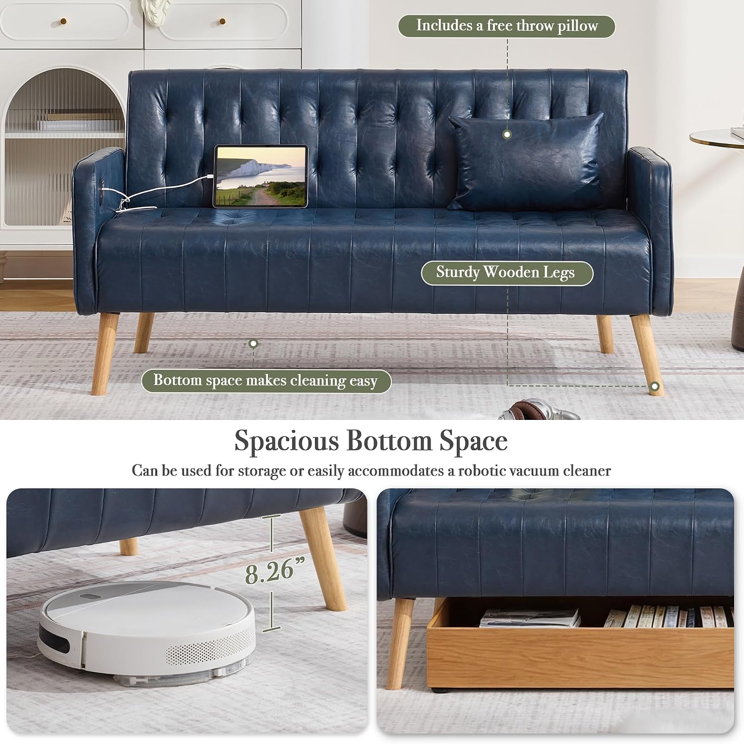 Blue Leather Loveseat and Accent Chair Set of 2, Small Couch w/USB Charging & Pockets, Mid Century Modern Tufted Love Seat and Chair Set, Mini Office Sofa for Living Room, Apartment