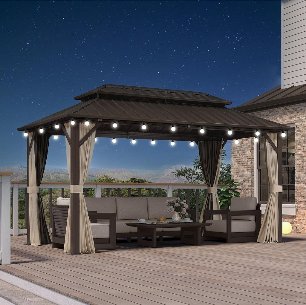 PURPLE LEAF 8' X 14' Hardtop Gazebo Outdoor Gazebos Metal Frame Galvanized Steel Double Roof with Curtains and Nettings for Patio Desk Backyard Bronze