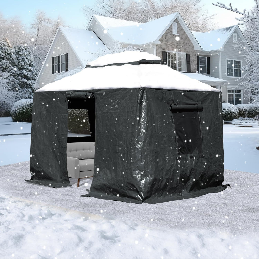 Domi 8' x 8' Universal Winter Gazebo Cover, All Season Waterproof Enclosed Cover with Sidewalls & Mesh Windows, All-Weather Gazebos Cover for Outdoor Patio Metal Hardtop Gazebo Backyard, Gray