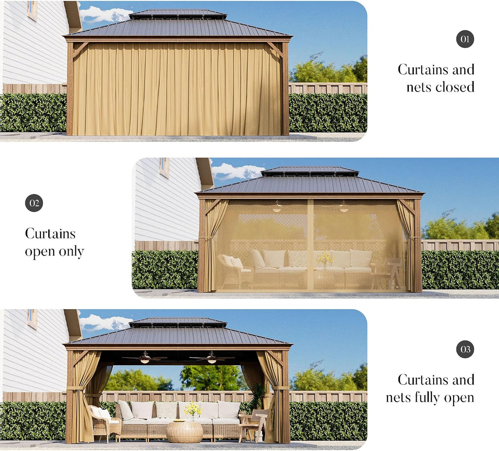 HOMPUS 12X16FT Hardtop Gazebo, Double Roof Gazebo with Galvanized Steel, Outdoor Metal Gazebos, Heavy Duty Canopy with Netting & Curtains, Patio Pavilion for Backyard, Garden, Deck, Drak Walnut