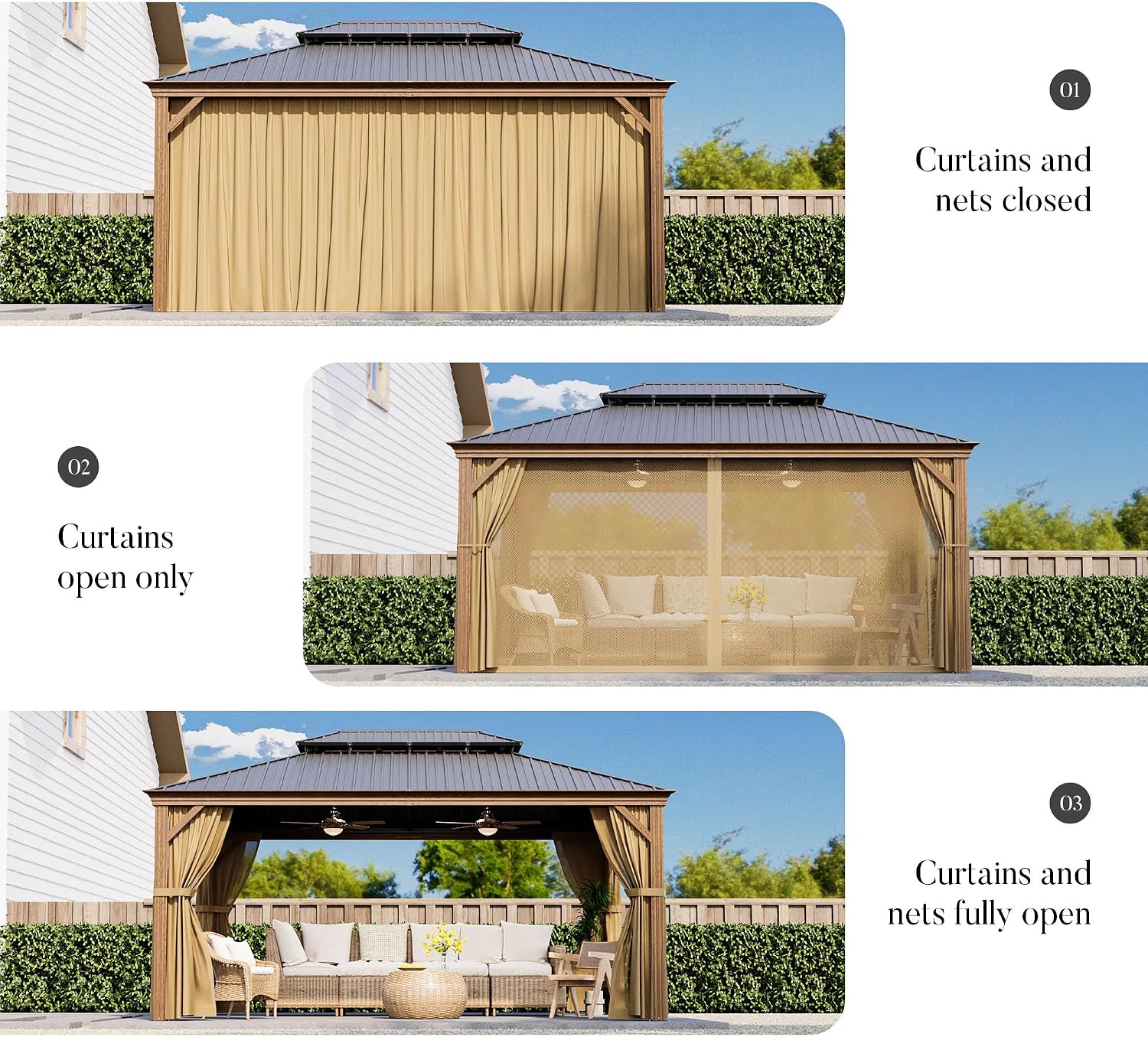 HOMPUS 12X16FT Hardtop Gazebo, Double Roof Gazebo with Galvanized Steel, Outdoor Metal Gazebos, Heavy Duty Canopy with Netting & Curtains, Patio Pavilion for Backyard, Garden, Deck, Drak Walnut