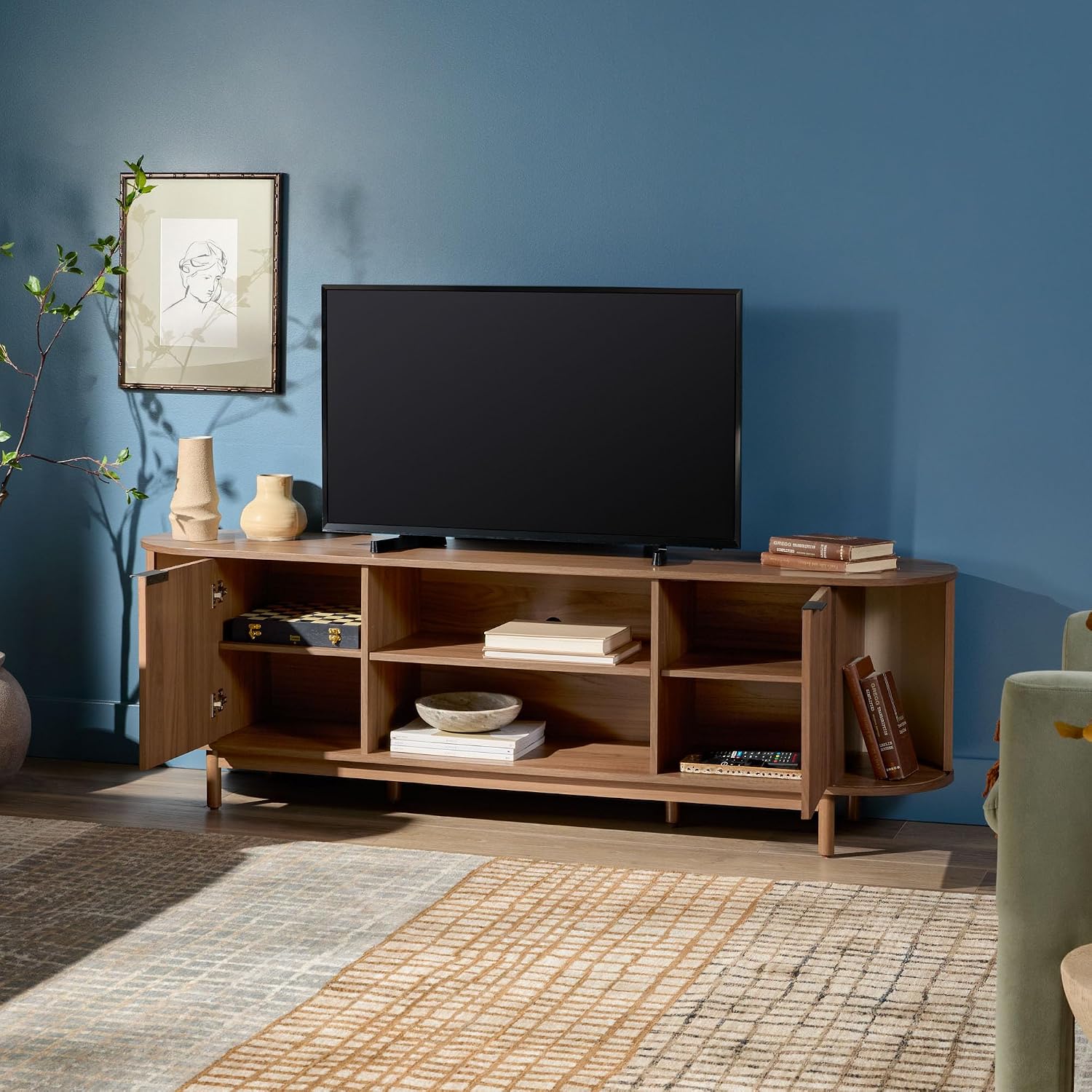 Walker Edison Modern Curved Reeded TV Stand for TVs up to 70 Inches, Credenza with Sliding Doors and Adjustable Shelves, TV Stand with Cord Management Cutout, 70 Inch, Mocha