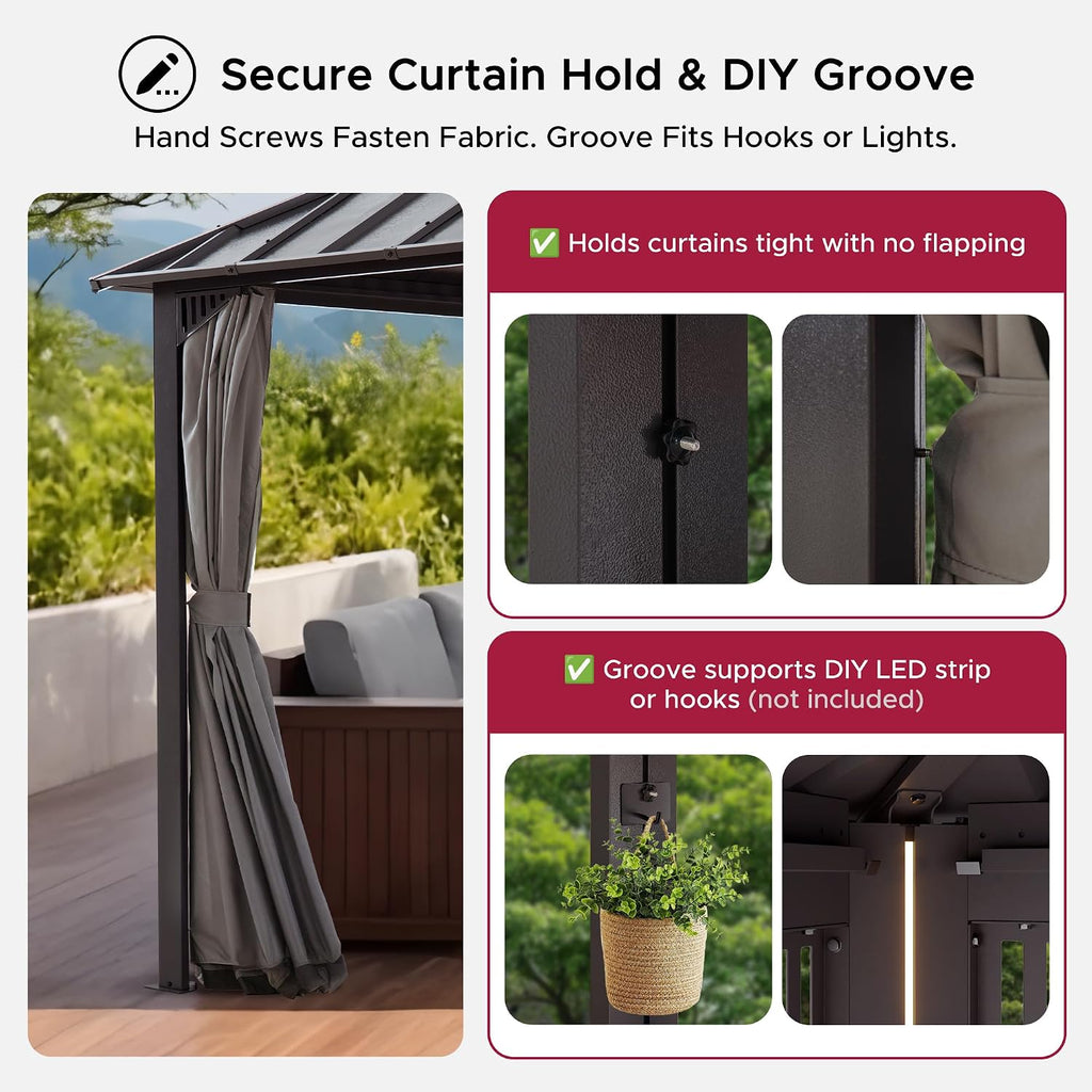 SUNJOY Kingston 14' x 12' Hardtop Gazebo with Galvanized Steel/Polycarbonate Double Roof, Curtain and Netting, Brown Aluminum Posts Permanent Pavilion Gazebo for Garden, Patio, Deck, Lawn
