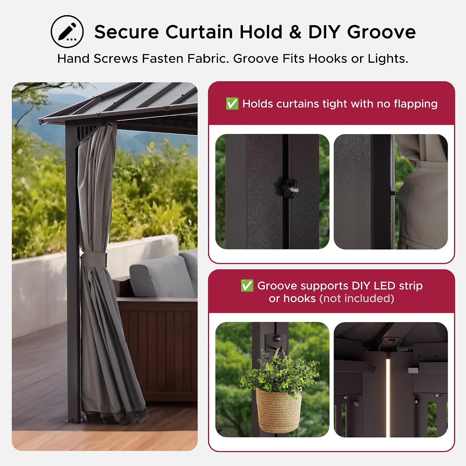 SUNJOY Kingston 14' x 12' Hardtop Gazebo with Galvanized Steel/Polycarbonate Double Roof, Curtain and Netting, Brown Aluminum Posts Permanent Pavilion Gazebo for Garden, Patio, Deck, Lawn
