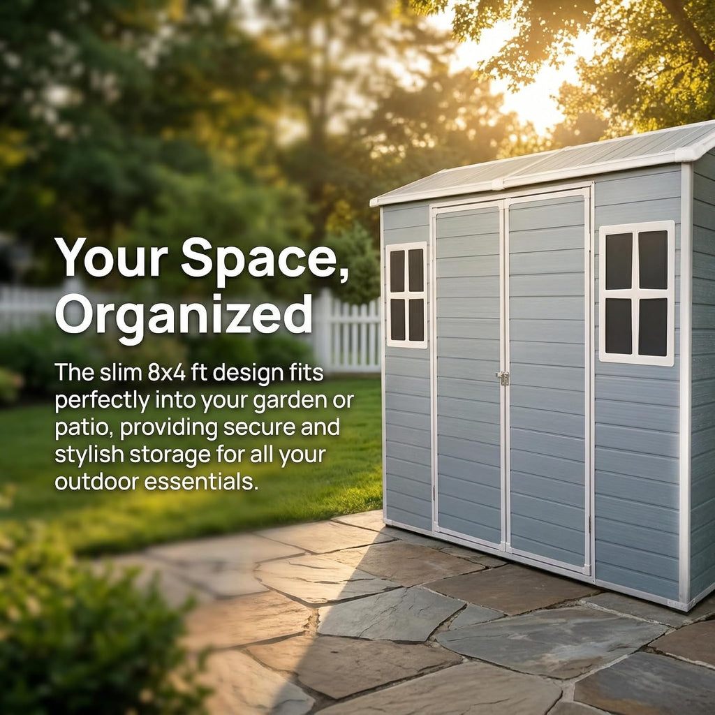 Storage Shed, 4x8ft Outdoor Storage Shed with Floor Included with 2 Windows and Lockable Door, Resin Sheds for House Garden Tools, Bike, Motorcycle, Lawn Mover, Arched Roof, Grey