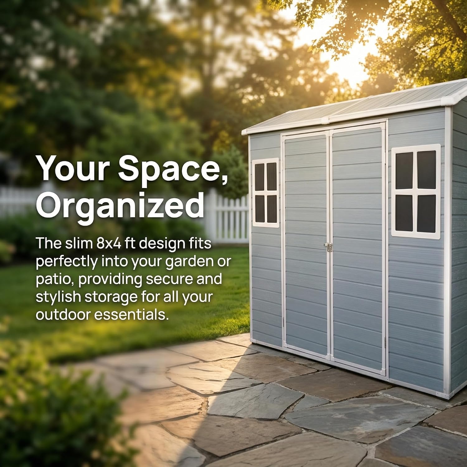 Storage Shed, 4x8ft Outdoor Storage Shed with Floor Included with 2 Windows and Lockable Door, Resin Sheds for House Garden Tools, Bike, Motorcycle, Lawn Mover, Arched Roof, Grey