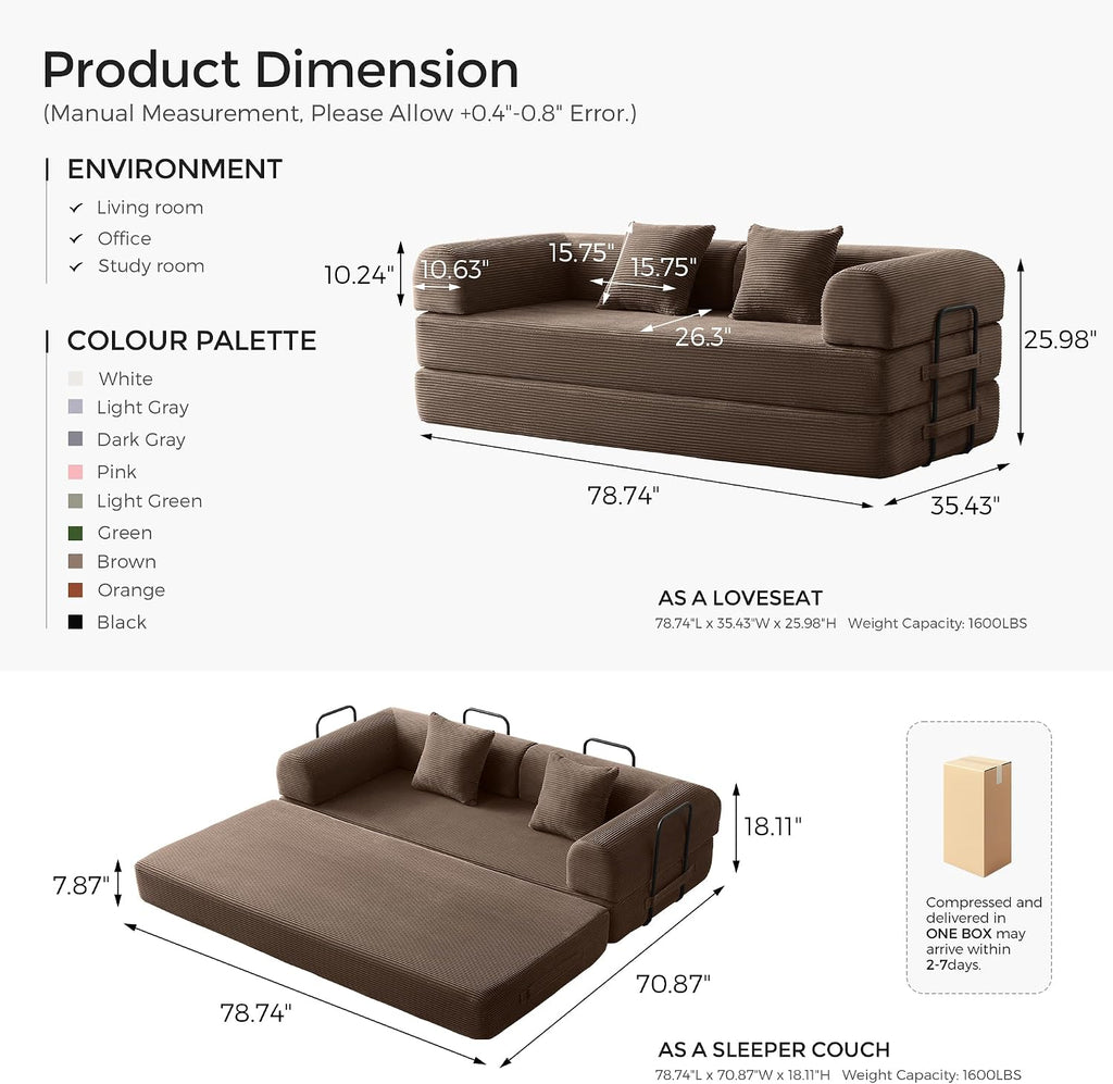 79' Convertible Sofa Bed with Fixed-Shape Frame & Removable Armrests, Modular Corduroy Sleeper Sofa, Folding Mattress Couch for Small Spaces - No Assembly Needed in Brown (Includes 2 Pillows)