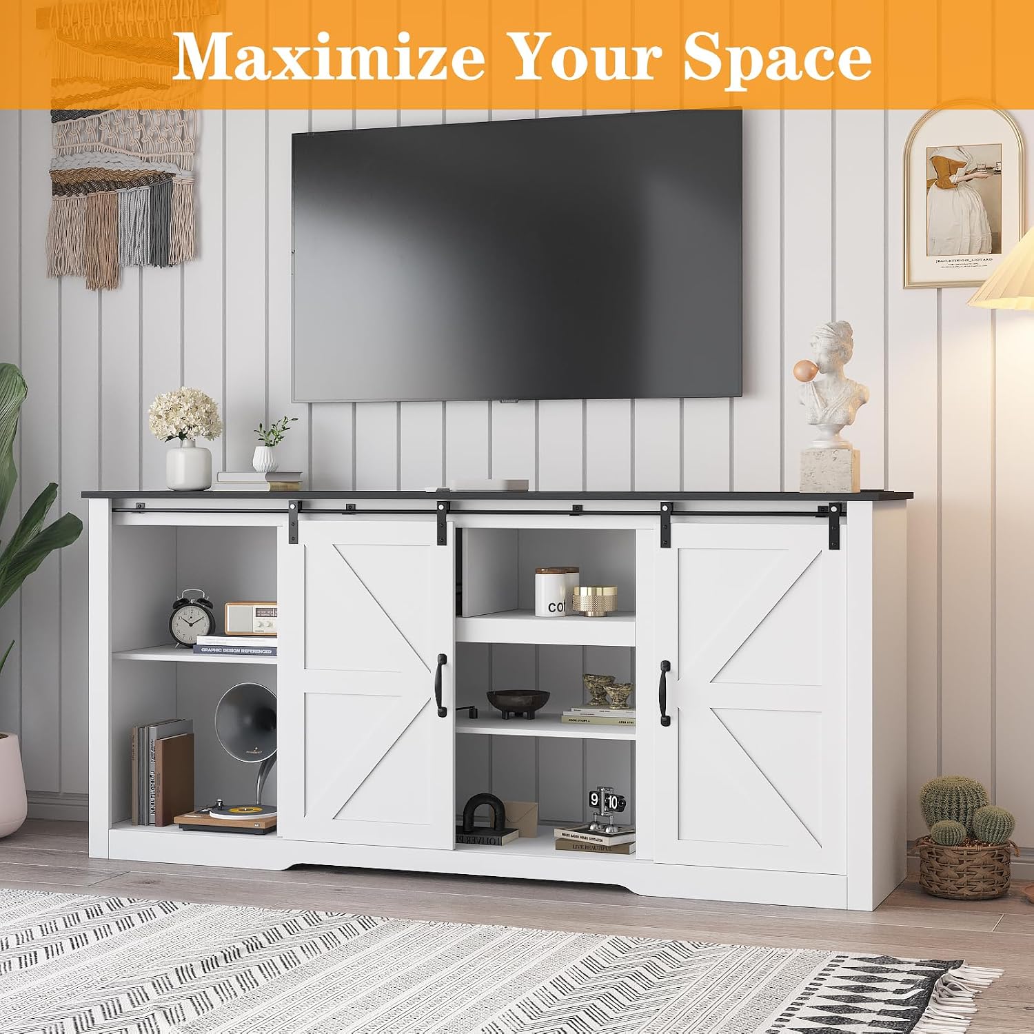 GarveeHome 70' Farmhouse TV Stands for 80-85' TVs, Rustic Wooden Entertainment Center with Adjustable Shelves & Sliding Barn Door, TV Console Table with Open Storage for Home, White+Black Top
