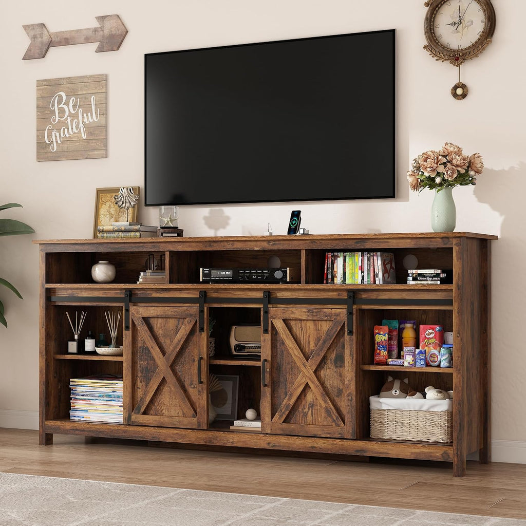57' LED Farmhouse TV Stand for 65/60/55 Inch TVs,Tall Entertainment Center Storage Cabinets w/Power Outlets and Sliding Barn Door,Rustic TV Stands for Living Room,Media Console Cabinet (Brown)