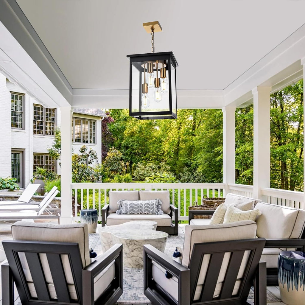16.7'' Large Outdoor Pendant Light, 4-Lights Black and Brushed Brass Exterior Hanging Porch Chandelier Lantern with Clear Glass, Outdoor Ceiling Light Fixture for Entryway Gazebo Patio