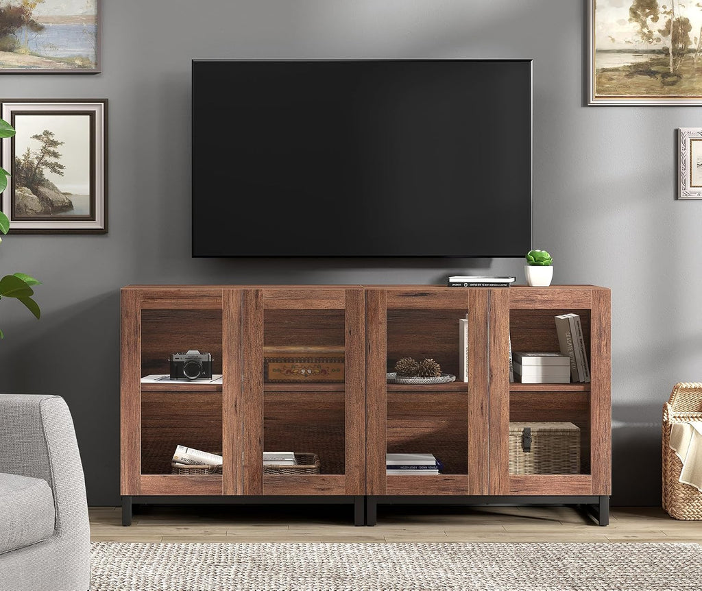 WAMPAT Modern TV Stand with Glass Doors for 40-70 inch TVs, 2 in 1 Entertainment Center Console with Adjustable Shelves and Metal Base for Living Room, Bedroom, Brown