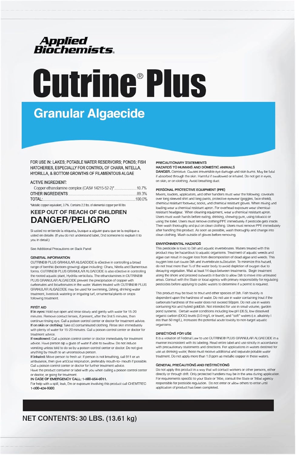 Cutrine-Plus Granulated Algaecide - 30 lbs. Professional-Grade Algae Killer for Lakes & Ponds, EPA Approved to Control All Types of Algae (Planktonic, Filamentous, and Chara)