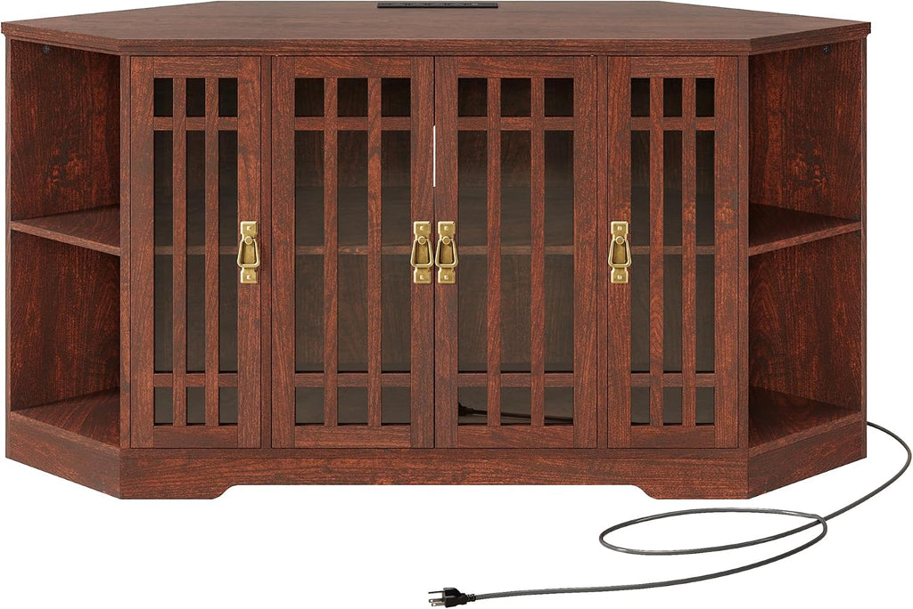 IRONCK Corner TV Stand for TVs up to 60 Inch with Power Outlet, Corner Entertainment Center with Storage Cabinet and Glass Doors, Mid Century Modern TV Stand for Living Room, Bedroom, Red Walnut