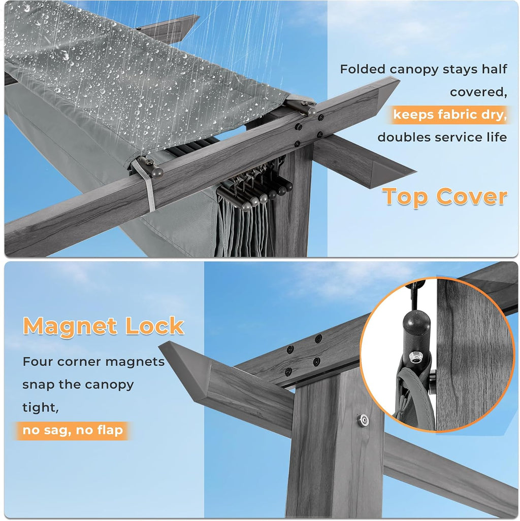 HAPPATIO 10' X 13' Wood-Grain Retractable Pergola with Sun Shade Canopy, Patio Aluminum Frame Shelter for Backyards, Gardens, Porch, Includes Ground Studs and Expansion Screws (Grey)