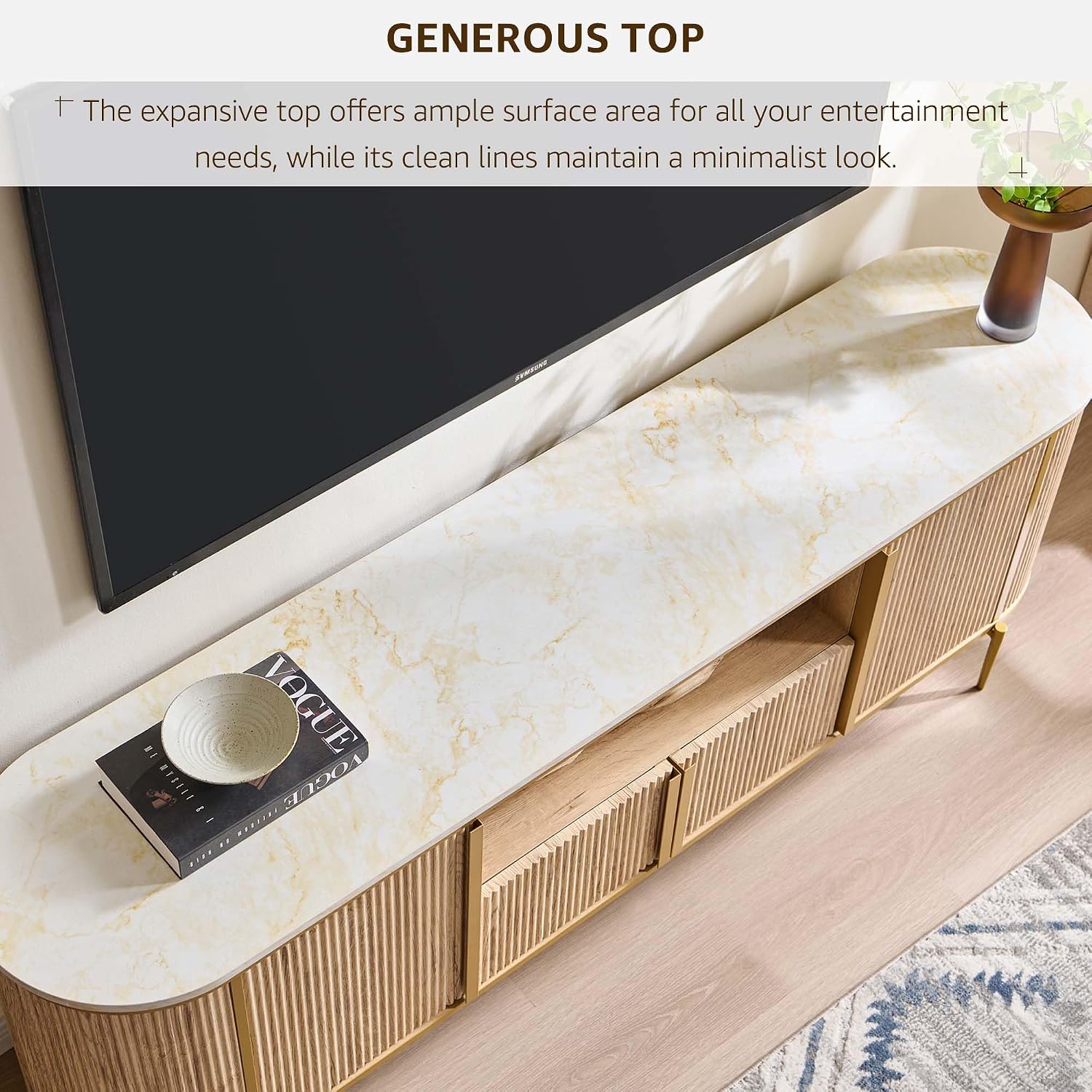 OKD Luxury 70' Fluted TV Stand, Modern Chic Entertainment Center for TVs Up to 80 inches, TV Console with Faux Marble Top, Curved Profile Design, Media Console for Living Room, Natural Oak