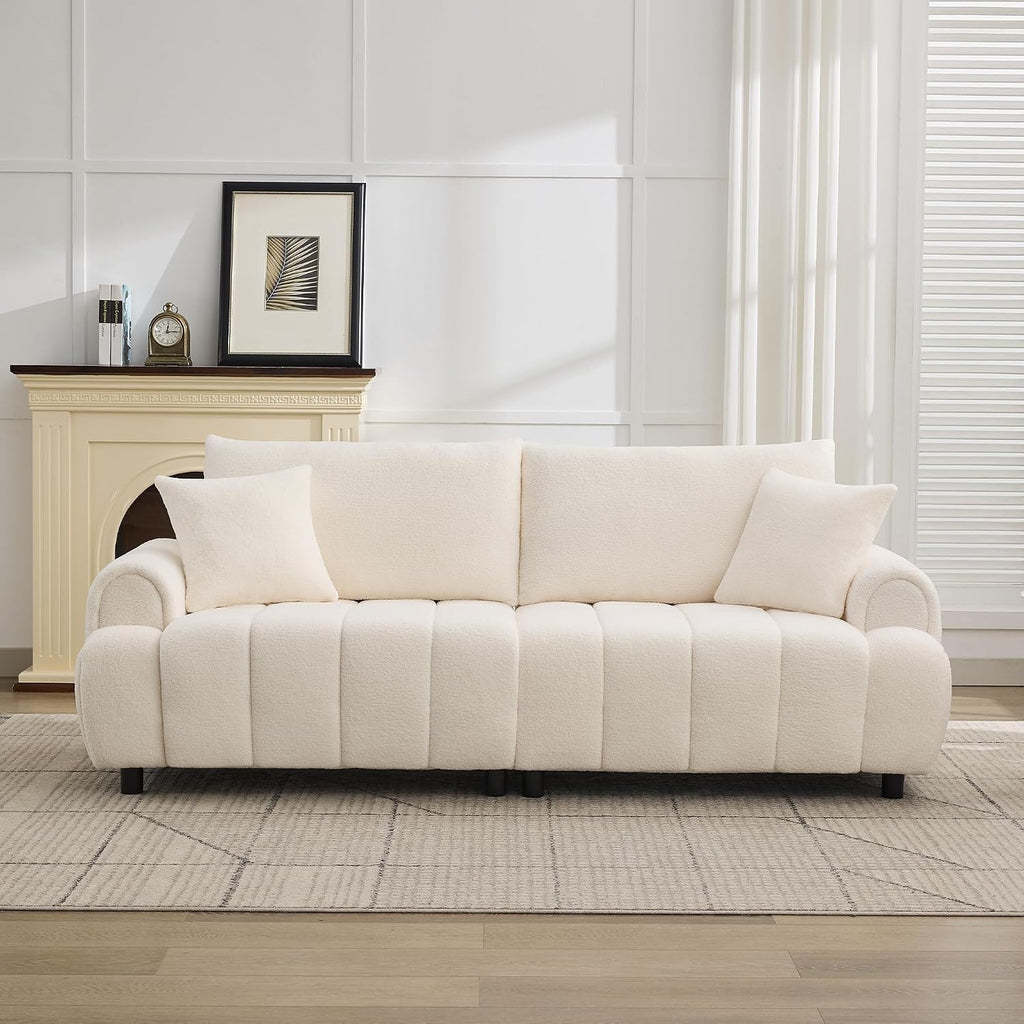 88 'Modern Boucle Sofa Couch, Oversized Comfy 3 Seater Sherpa Curved Sofas Deep Seat, Upholstered Loveseat Teddy Round Arm Couches for Living Room, Bedroom, Beige