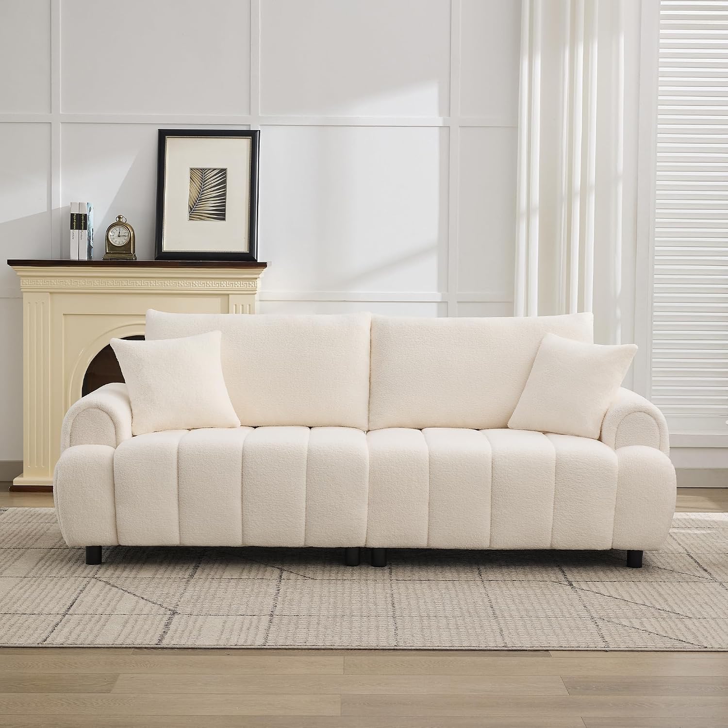 88 'Modern Boucle Sofa Couch, Oversized Comfy 3 Seater Sherpa Curved Sofas Deep Seat, Upholstered Loveseat Teddy Round Arm Couches for Living Room, Bedroom, Beige