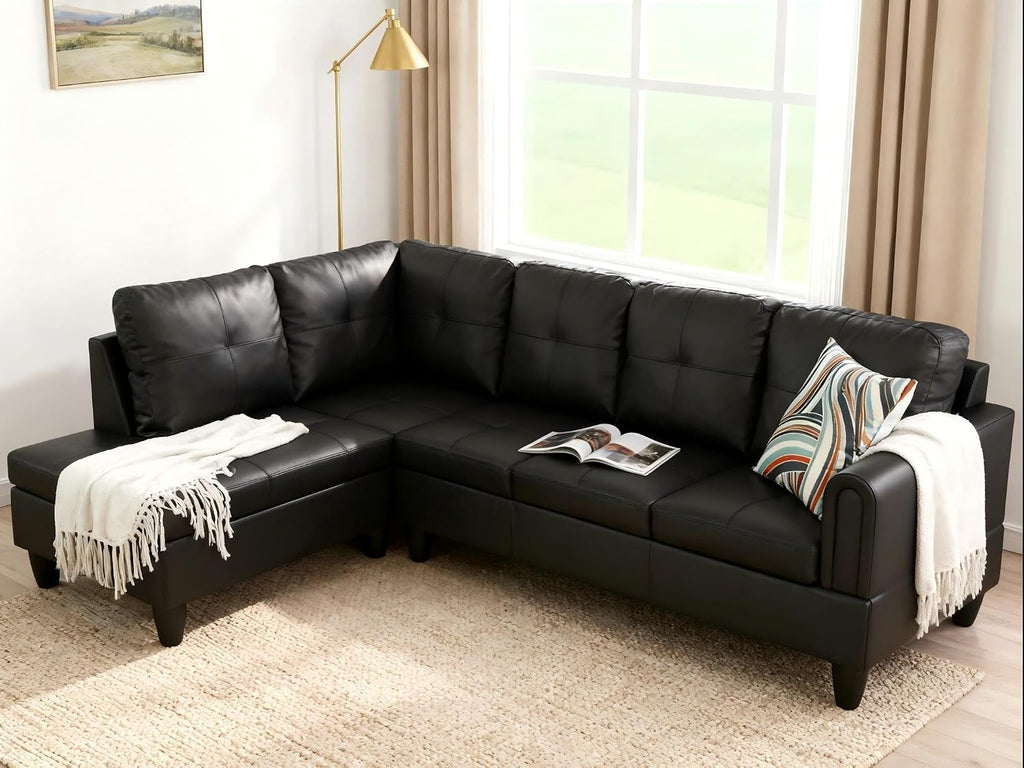 L Shaped Couch Sectional Couches with Chaise, 3 Pieces Modular Convertible Sofa for Living Room Furniture Sets and Small Apartment Faux Leather, Black
