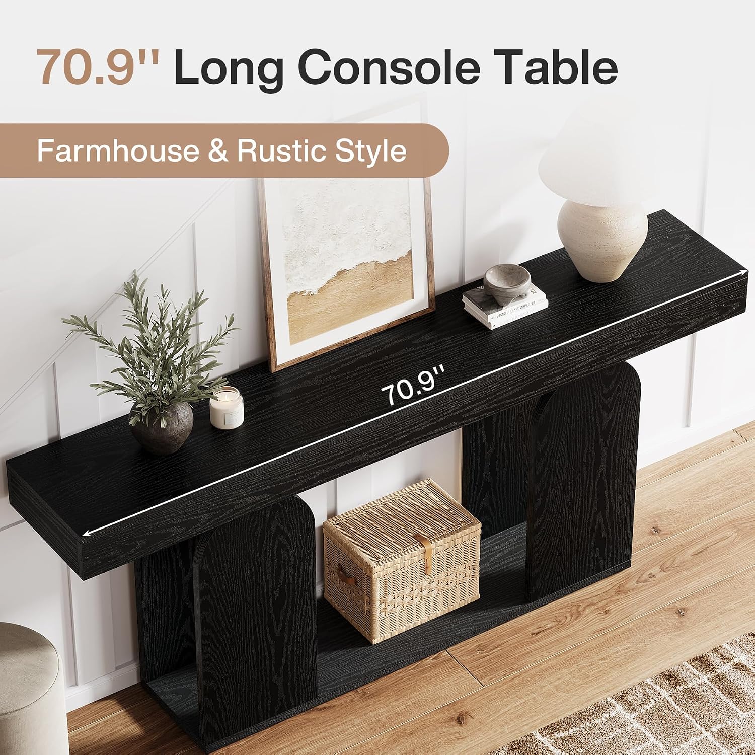 Tribesigns 70.9-Inch Extra Long Sofa Table, Farmhouse Console Tables with Wood Frame and Storage Shelf, 2-Tier Wood Table Behind Couch for Living Room, Hallway, Foyer, Black
