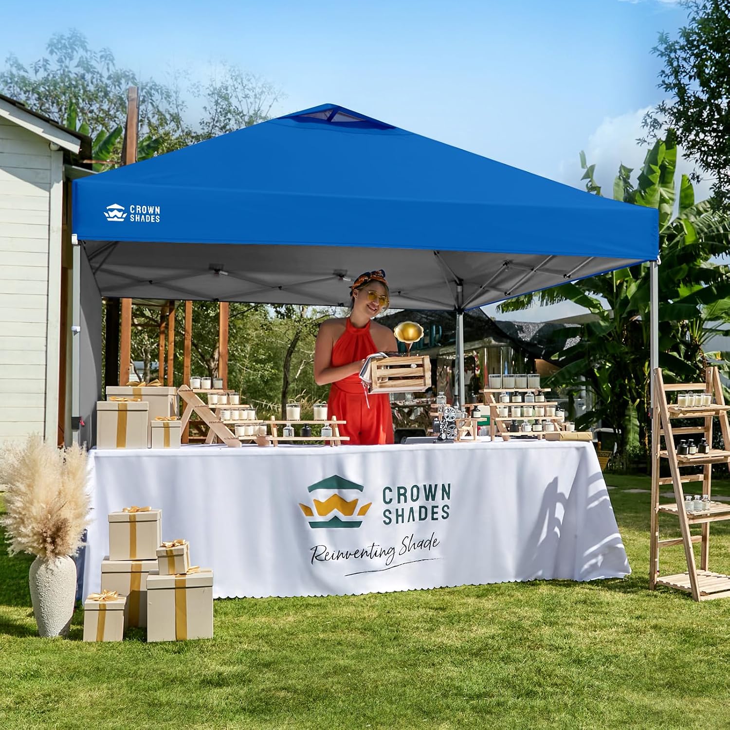 CROWN SHADES 10x10 Pop Up Canopy with 1 Side Wall - Beach Tent with One Push Setup - Outdoor Sun Shade for Events, Parties, Camping - Gazebo with STO-N-Go Cover Bag (Blue)