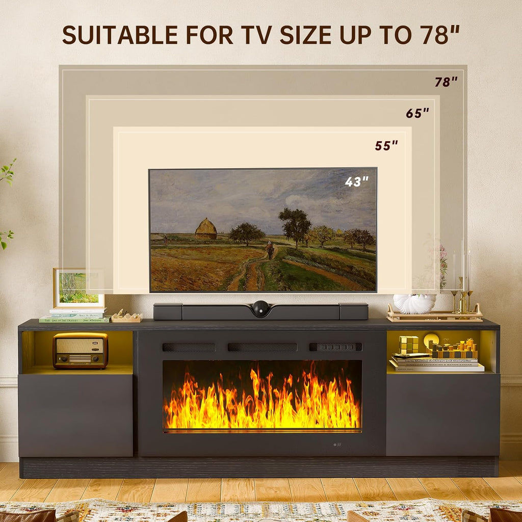 MXV 70' Fireplace TV Stand for TVs Up to 80', LED Light Entertainment Center with 36' Electric Fireplace, Modern Wood Texture TV Media Console with Highlight Storage Cabinet, Black-Black