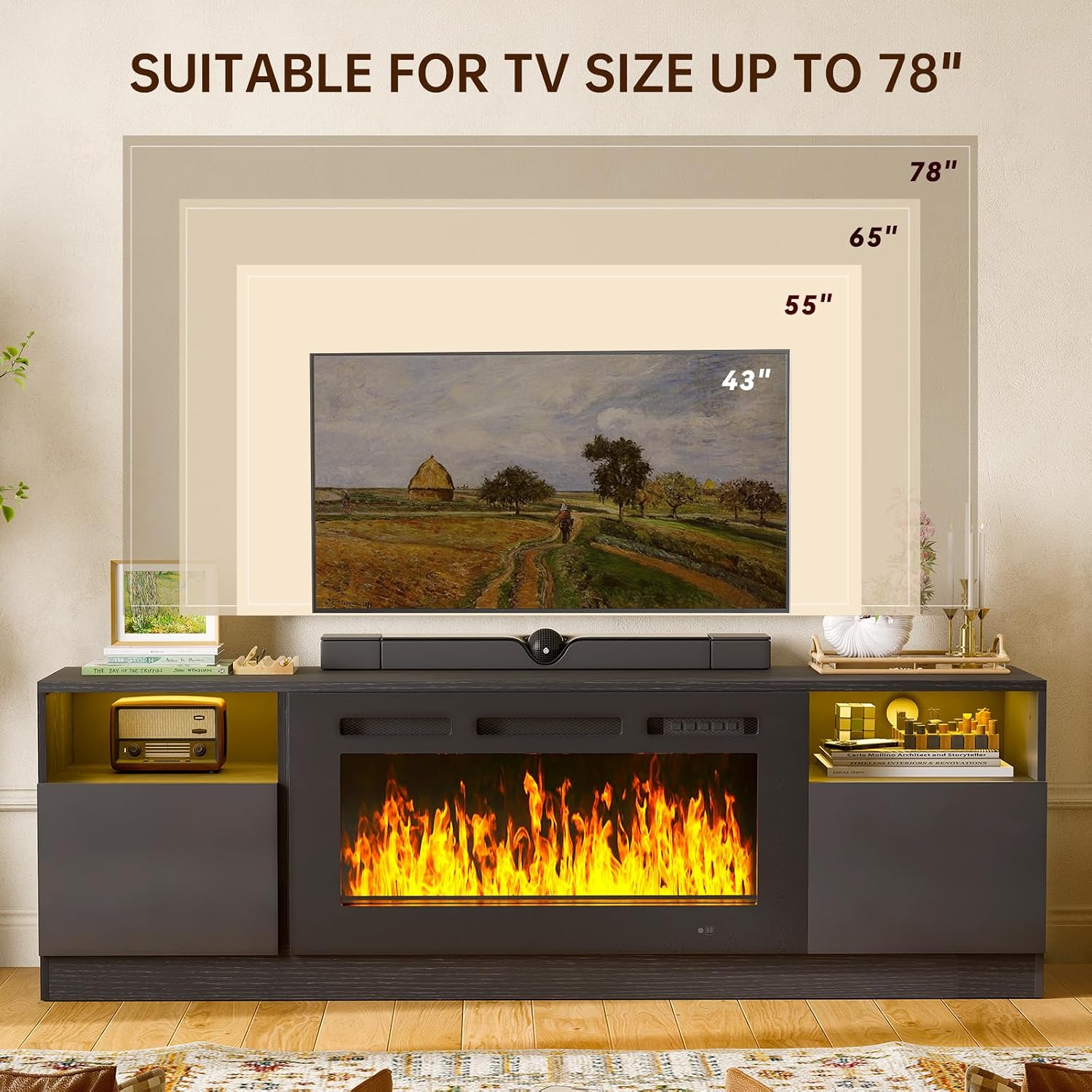 MXV 70' Fireplace TV Stand for TVs Up to 80', LED Light Entertainment Center with 36' Electric Fireplace, Modern Wood Texture TV Media Console with Highlight Storage Cabinet, Black-Black