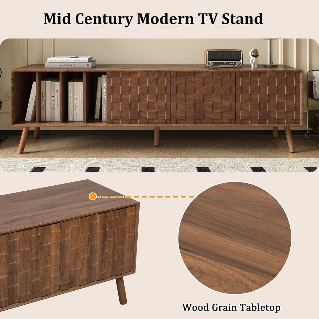 Merax 70' TV Stand for TVs Up to 80', Modern Entertainment Center with 3 Doors and Vertical Open Shelves, Media Console with Unique Mosaic Front Design for Living Room