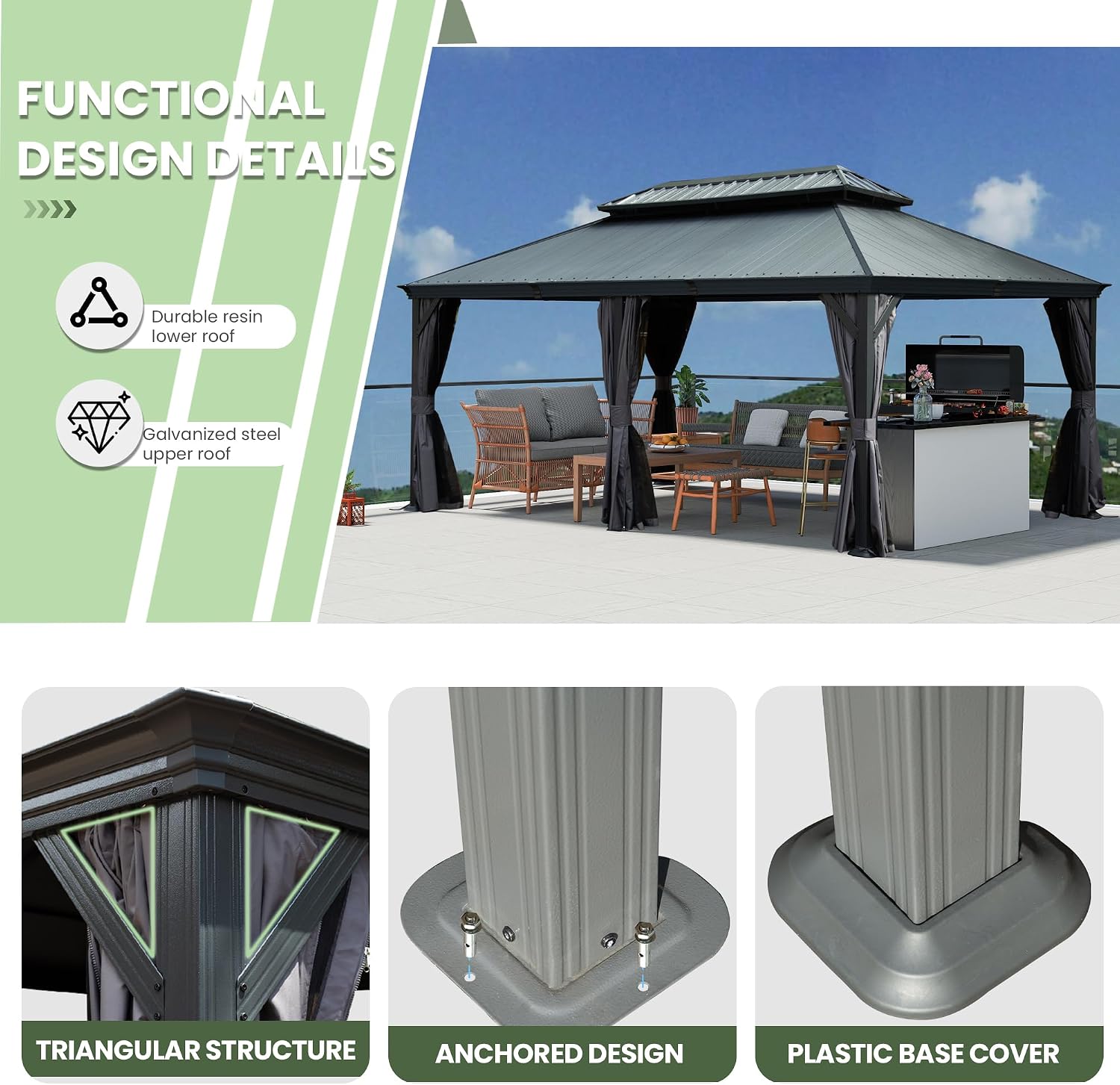 Domi 12' X 18' Hardtop Gazebo, Upgraded Metal Gazebo with Dual-Layer Resin Roof, Drainage System, Curtain and Netting, Outdoor Shelter Canopy for Patio, Garden, and Backyard, Grey