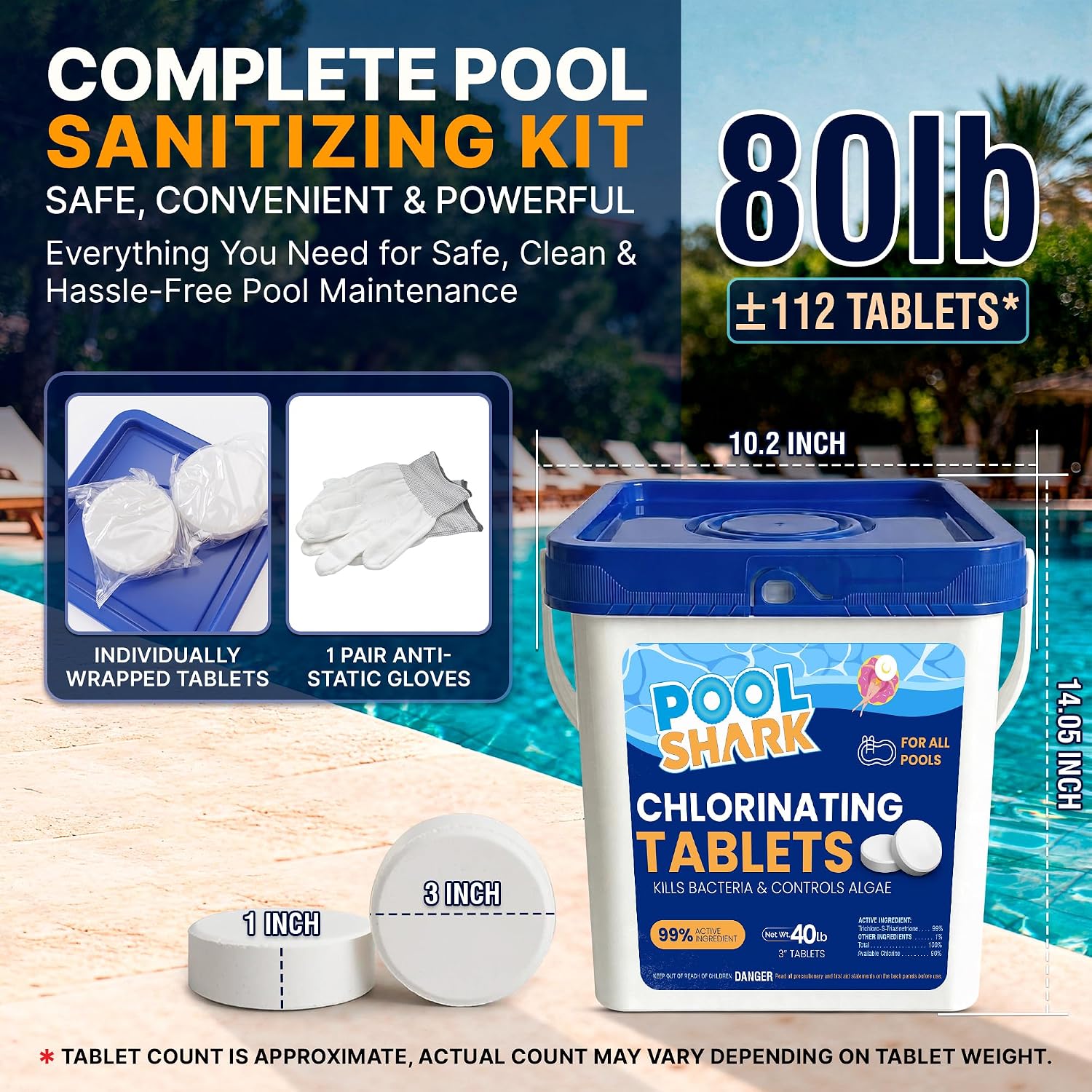 Pool Shark Swimming Pool Chlorine Tablets 80 lbs (2x40) 3-Inch Chlorine Tablets Slow-Dissolving 90% Active Chlorine Tabs Pool Chemicals for Inground Pools Above Ground Pools Saltwater Spa Hot Tub