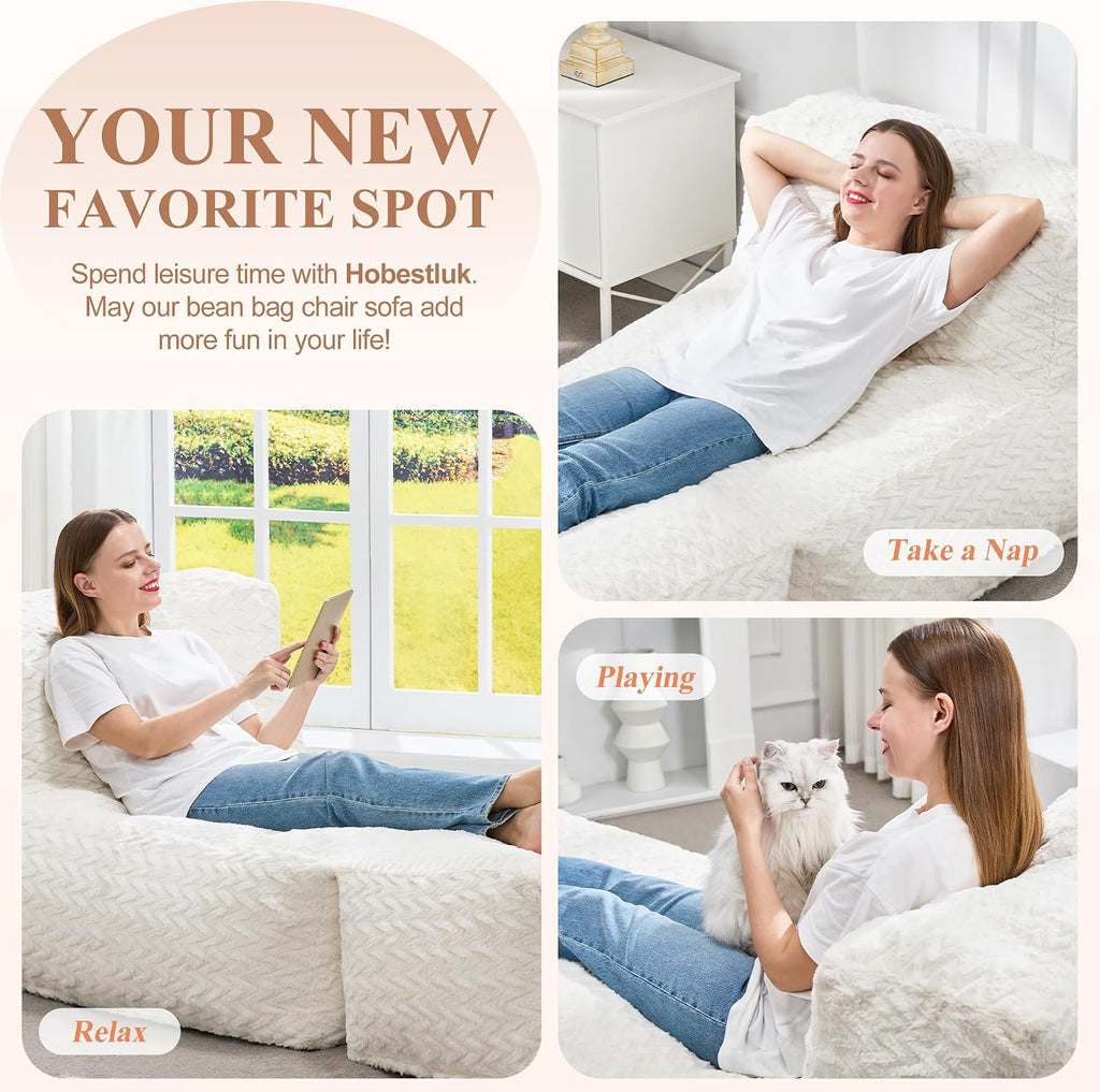 Hobestluk Bean Bag Chair Big Bean Bag Lounger for Adults Bean Bag Couch with Memory Foam Filled for Living Room, Bedroom or Balcony (Chevron Plush White)