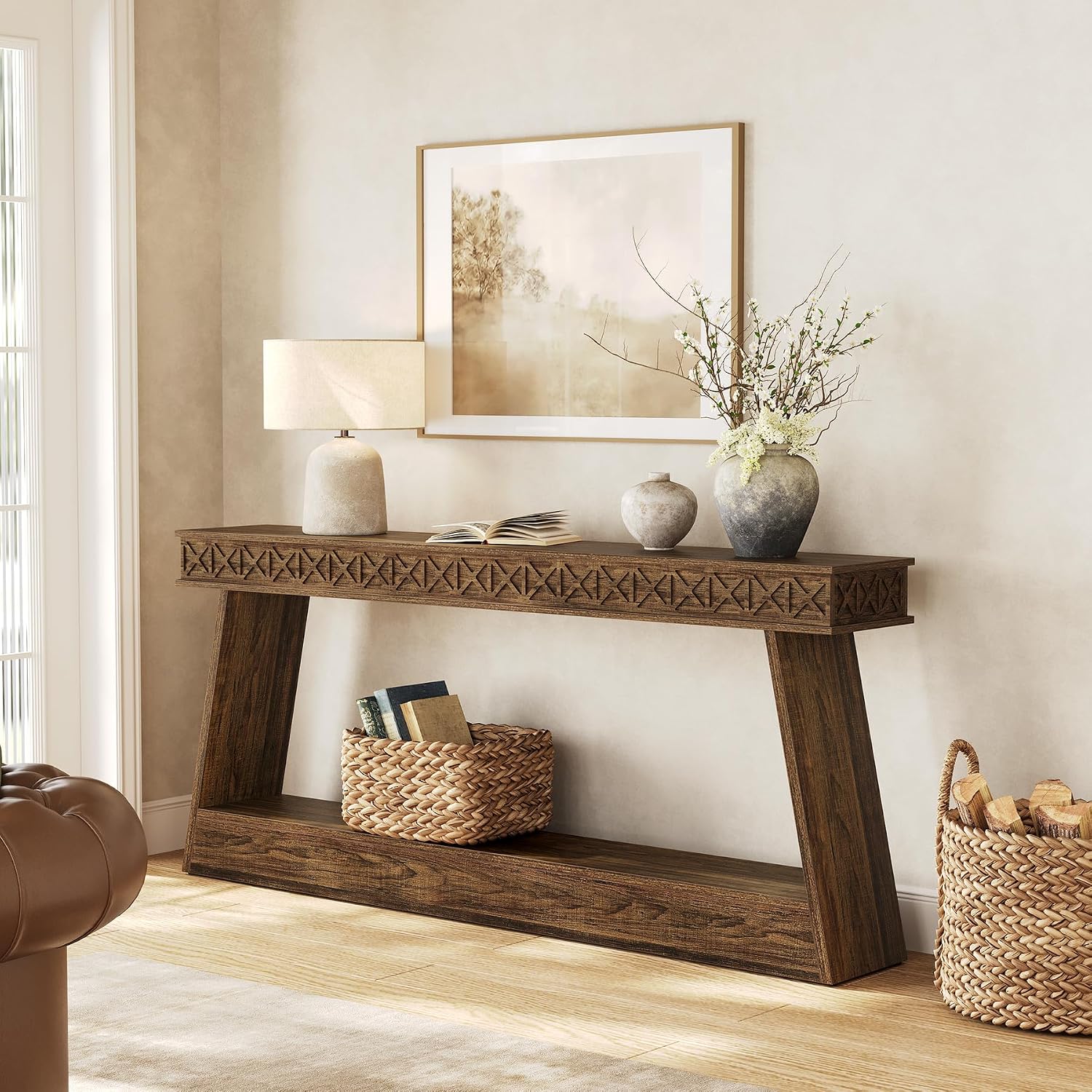 LITTLE TREE 70.87' Long Farmhouse Console Table, 2-Tier Shelf Narrow Accent Entryway Sofa Table for Living Room, Behind Couch, Hallway - Dark Brown