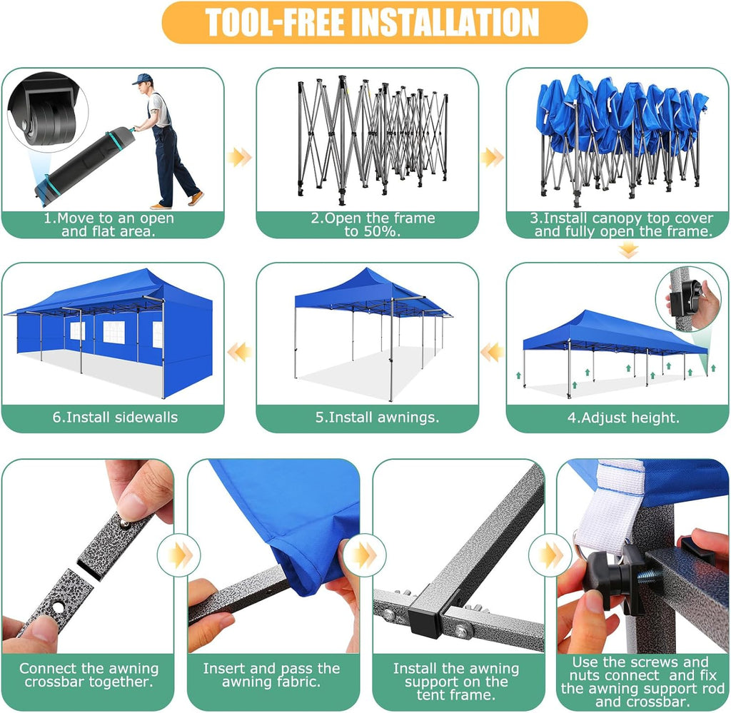 COBIZI 10x30 Pop Up Canopy Tent with Awning,Heavy Duty Canopy UPF 50+ All Season Wind Waterproof Commercial Outdoor Street Vendors Party Tents for Parties Canopy with Roller Bag(10 x 30 ft Blue)