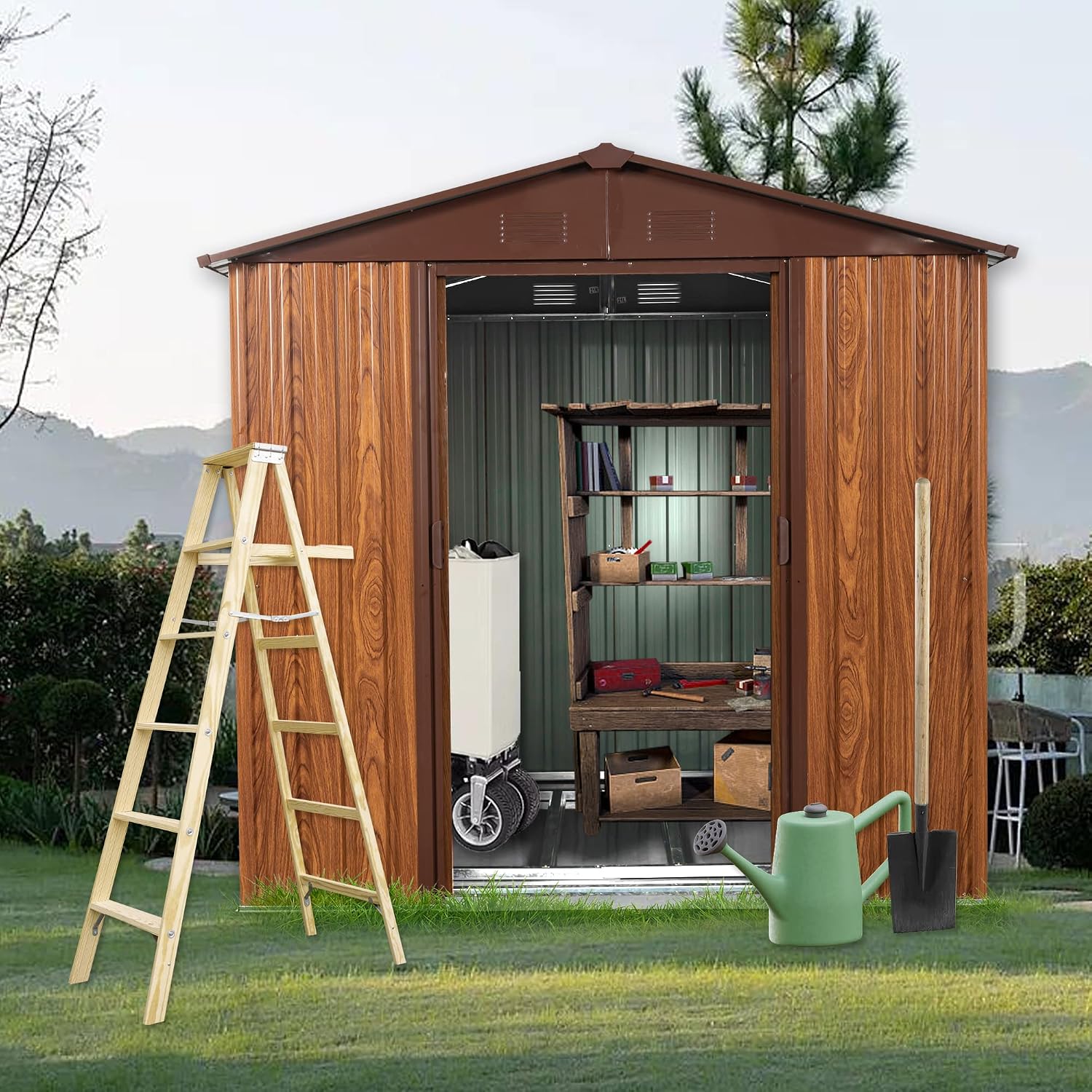 6 x 6 FT Outdoor Metal Storage Shed with Window and Punched Vents,Heavy Duty Storager House w/Sliding Doors & Padlock,Large Waterproof Tool Sheds for Garden,Backyard,Lawn,White