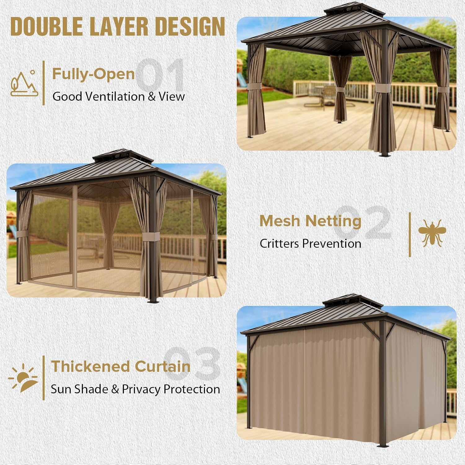 COOS BAY 12x12 Hardtop Gazebo with Aluminum Frame, Galvanized Steel Roof with UV Protection for Patio, Backyard, Garden, Outdoor Events, Dark Brown/Tan