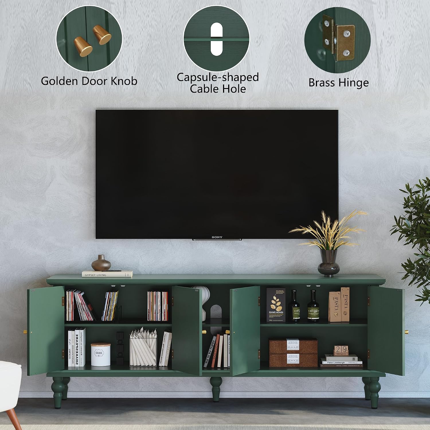 3More 67' Mid Century Modern TV Stand with Window Design,Wood Entertainment Center with Open Shelf,Up to 70' Media TV for Living Room or Bedroom,Green