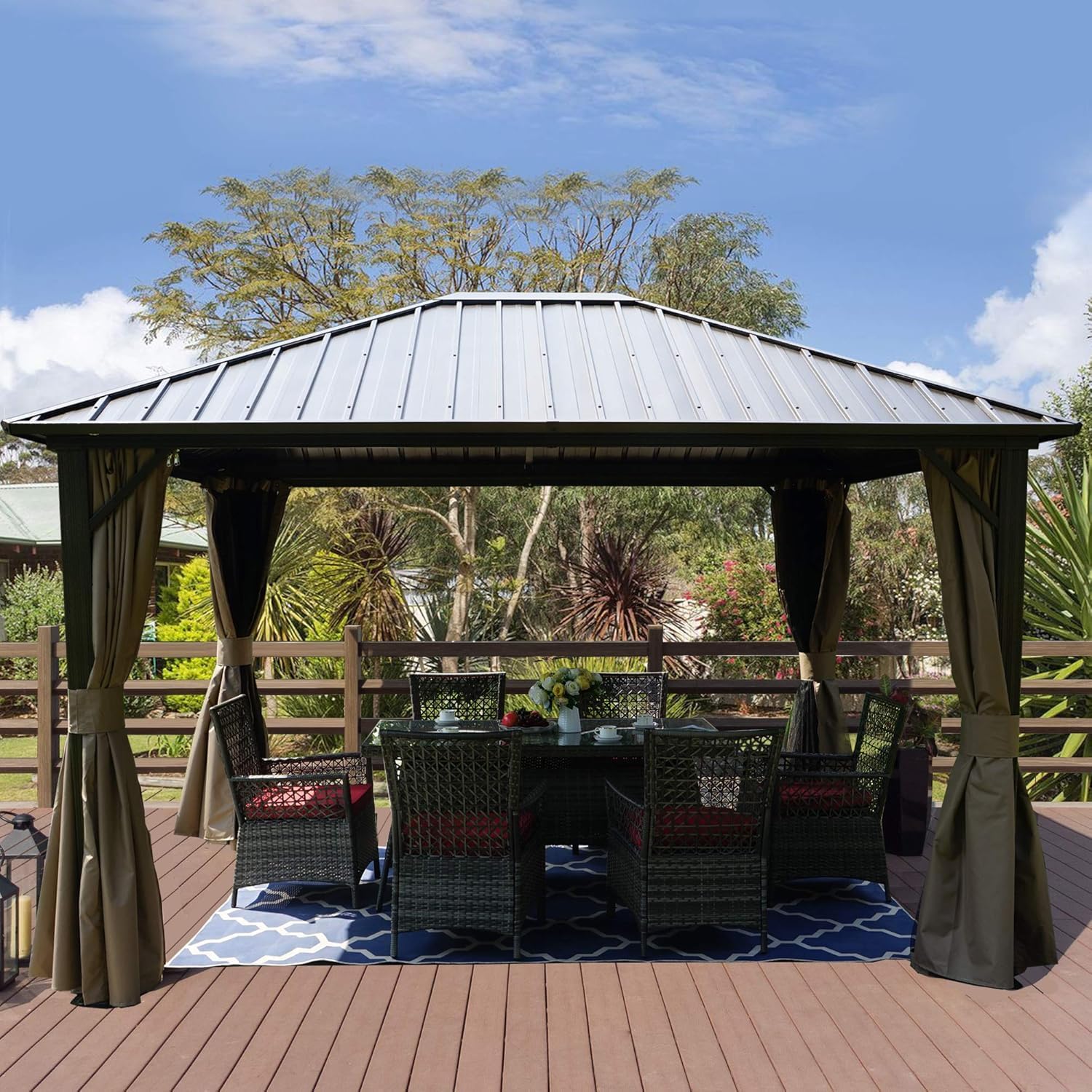 Kozyard10'x12' Hardtop Gazebo Permanent Metal Pavilion with Netting and Shaded Curtains for Patio, Backyard, and Deck - Galvanized Steel Outdoor Aluminum Canopy, Double Roof Gazebo (Brown)