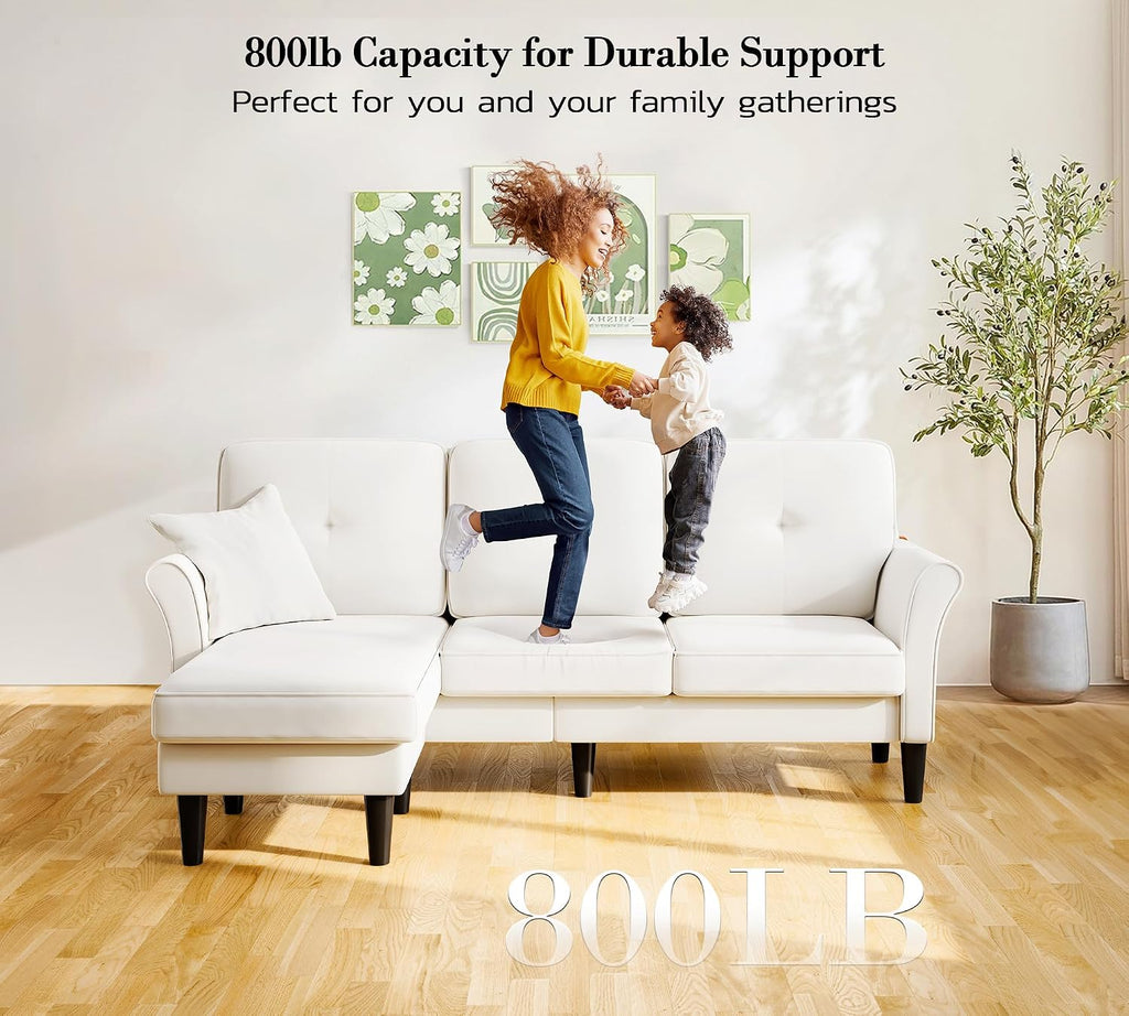 Kidirect 83' Sectional Couch, Velvet L-Shaped Couch 3 Seater Sectional Couches for Living Room, Comfy Fluffy Deep Seat Loveseat, Modular Sectional Sofa with Ottoman for Apartment Office, White Couch