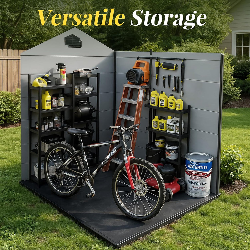 8x4ft Resin Outdoor Storage Shed with Floor and 2 Windows, Plastic Sheds & Outdoor Storage Clearance for GardenTools, Patio Furniture, Bike Accessories and Lawn Mower, Black+Grey