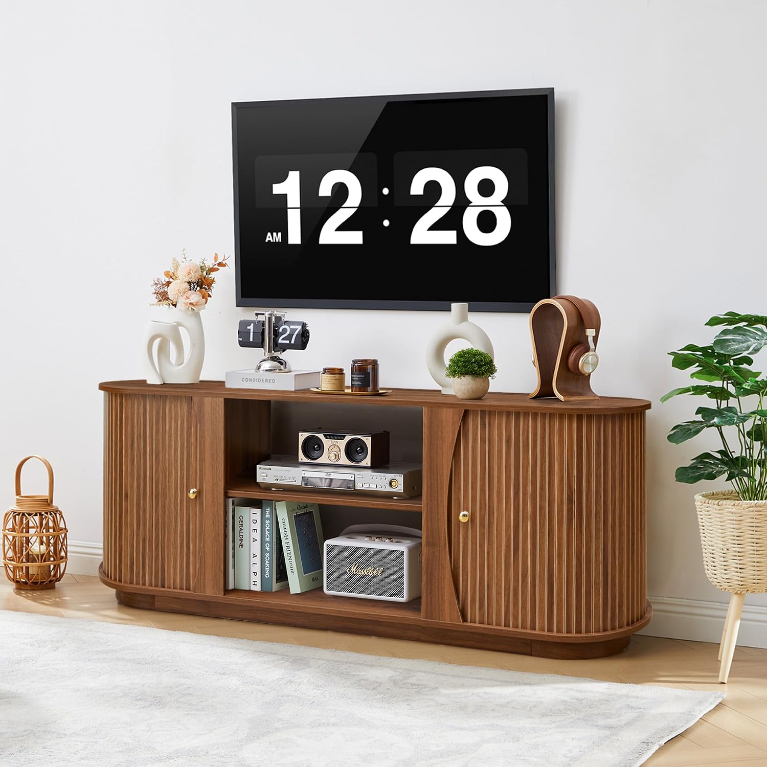 Turtle & Myrtle 63' Mid Century Modern TV Stand for Tvs up to 70', Fluted TV Media Console Table with Storage and Adjustable Shelves, Curved Edge Entertainment Center for Living Room (Brown)