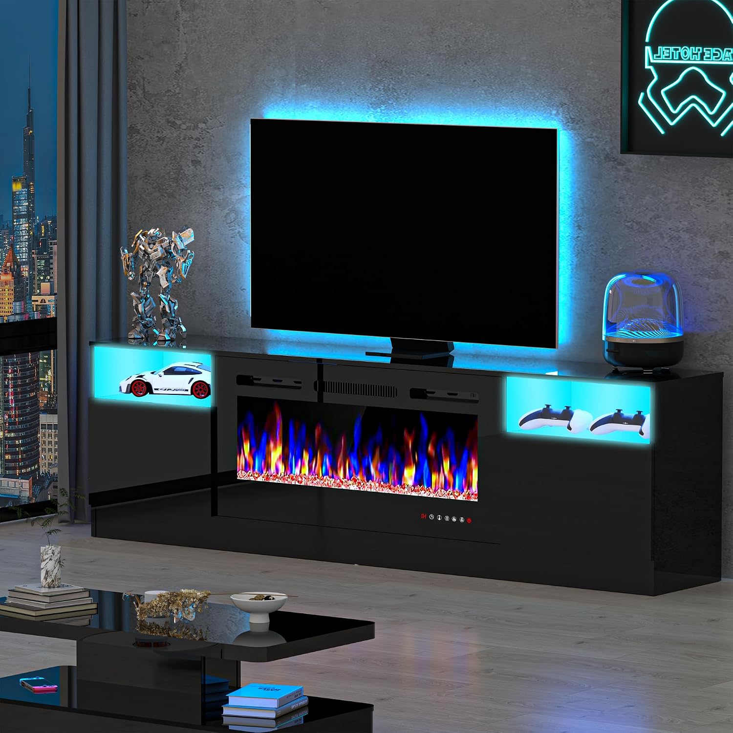 Fireplace TV Stand for 80 Inch TV, TV Stand with 36' Fireplace, LED Light Entertainment Center with Storage Cabinets, Media TV Console TV Table for Living Room, Black