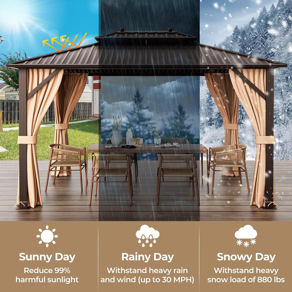 Tangkula 10x13 FT Hardtop Gazebo, Patio Gazebo with Galvanized Steel Double Roof & Aluminum Frame, Permanent Pavilion Outdoor Gazebo with Netting & Curtains for Patio, Garden, Lawn, Backyard, Deck