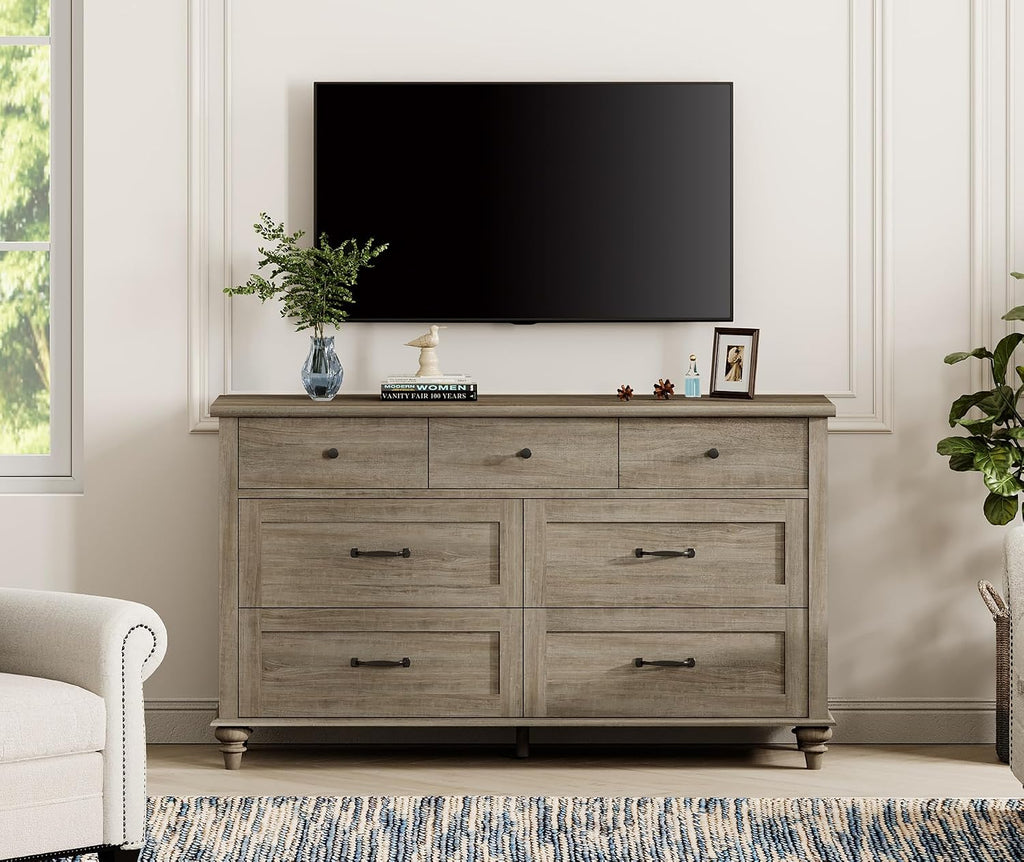 WAMPAT Wide Dresser TV Stand for 65 Inch TV, Light Wood TV Console Table Television Stands with 7 Drawers, Grey Media Storage Cabinet for Living Room Bedroom, 54 Inch