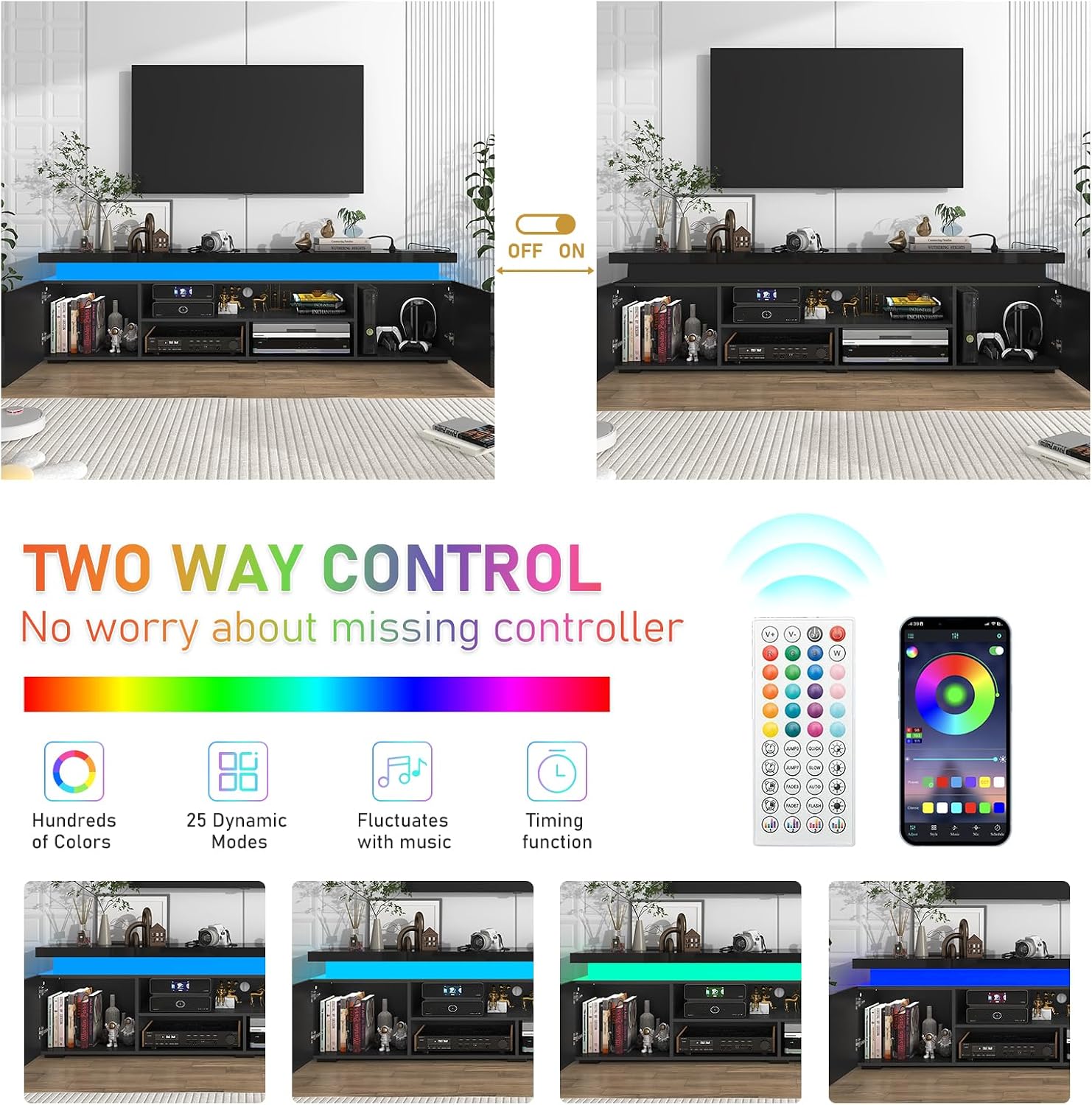 Hlivelood LED TV Stand for 85 Inch TV, Modern TV Stand with Power Outlet, High Gloss TV Console Entertainment Center with Storage and LED Lights for Living Room, Bedroom (73 Inch, Black)