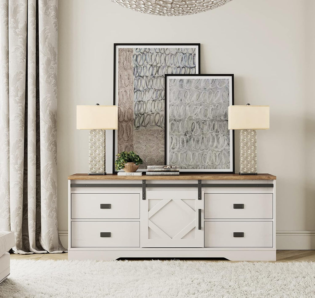 WAMPAT 3-in-1 Modern Farmhouse TV Stand for TVs up to 110',Large Wood Entertainment Center with 4 Drawers and Sliding Barn Door Cabinet for Living Room,Wood Grain Purposeful Distressing,Antique White