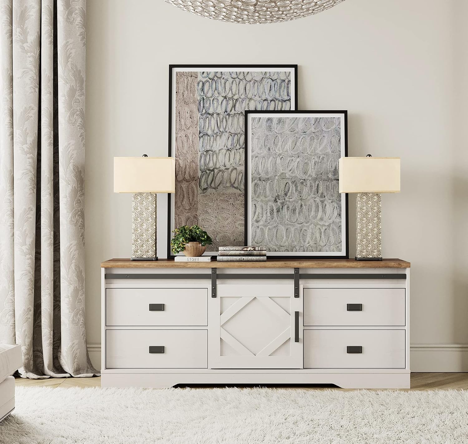 WAMPAT 3-in-1 Modern Farmhouse TV Stand for TVs up to 110',Large Wood Entertainment Center with 4 Drawers and Sliding Barn Door Cabinet for Living Room,Wood Grain Purposeful Distressing,Antique White