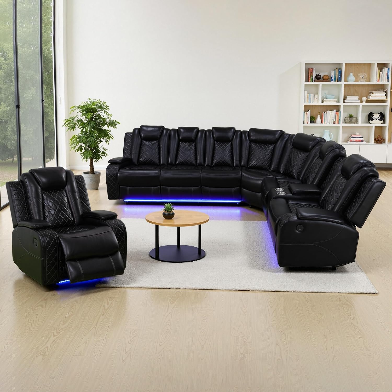 Power Recliner Sofa Set with LED, Breathing Leather Sectional Couch for Living Room, Living Room Furniture Set L Shaped Reclining Couch and Chair with Cup Holders&Storage (Black)